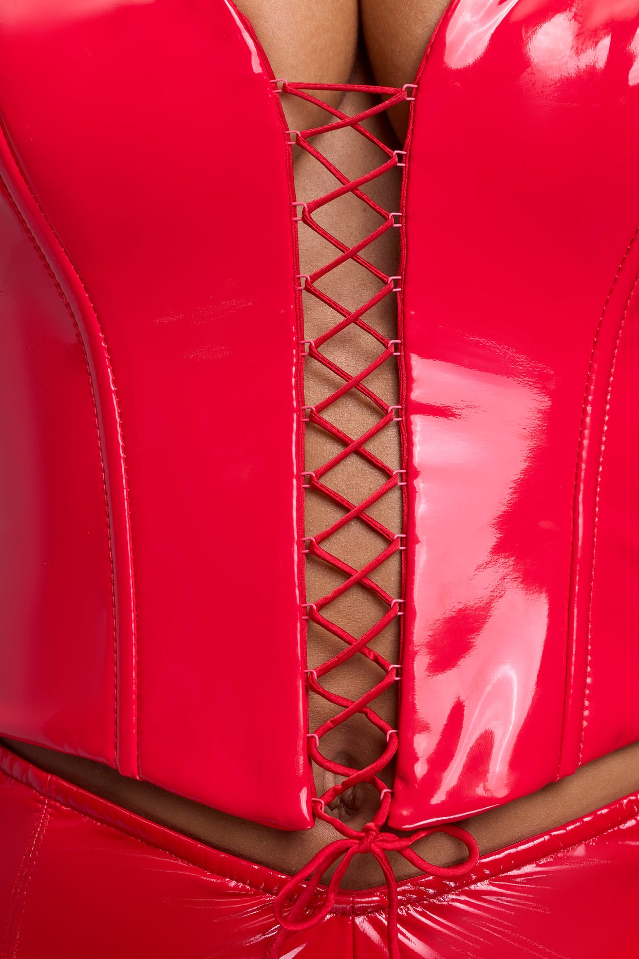 Vinyl Halter Neck Lace Up Corset Crop Top in Fire Red - 5