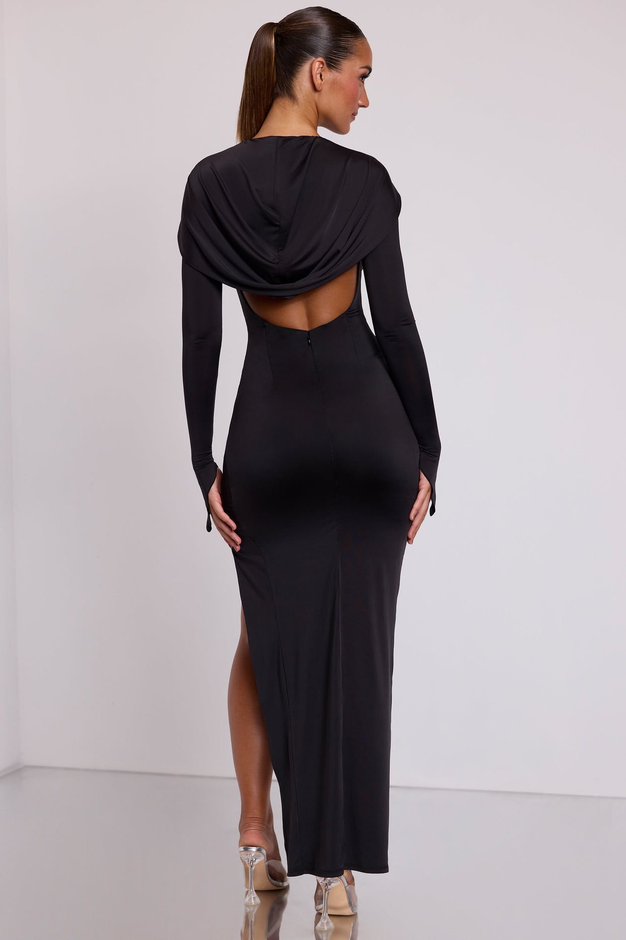 Hooded Long Sleeve Maxi Dress in Black