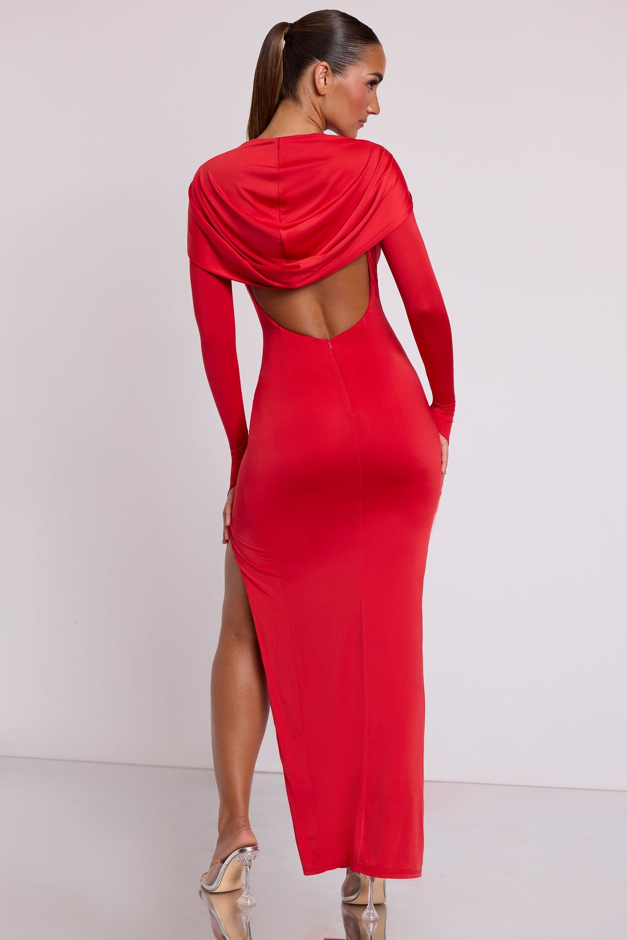 red hooded dress Hooded Long Sleeve Maxi Dress in Fire Red
