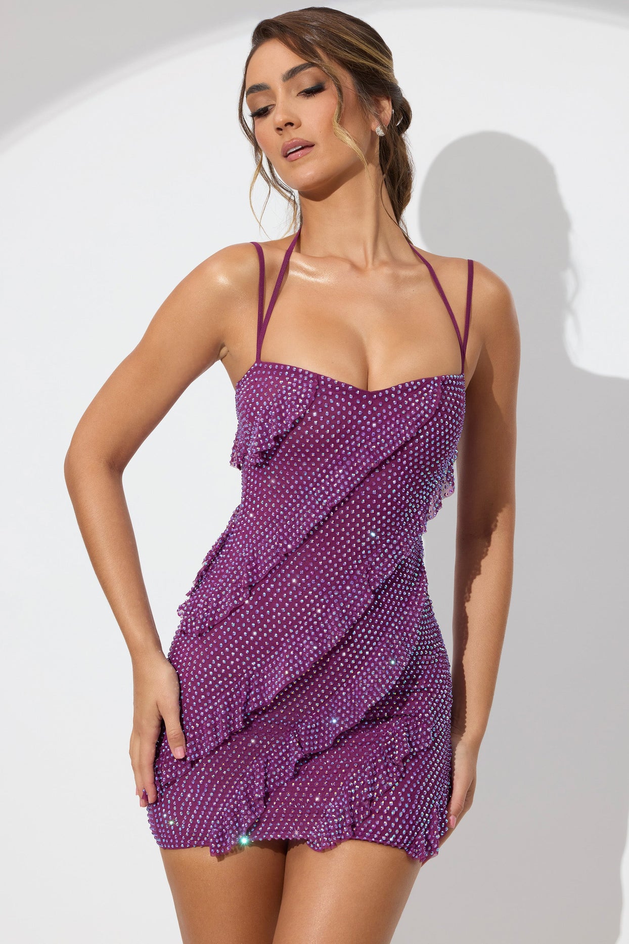 Embellished Ruffle Mini Dress in Plum