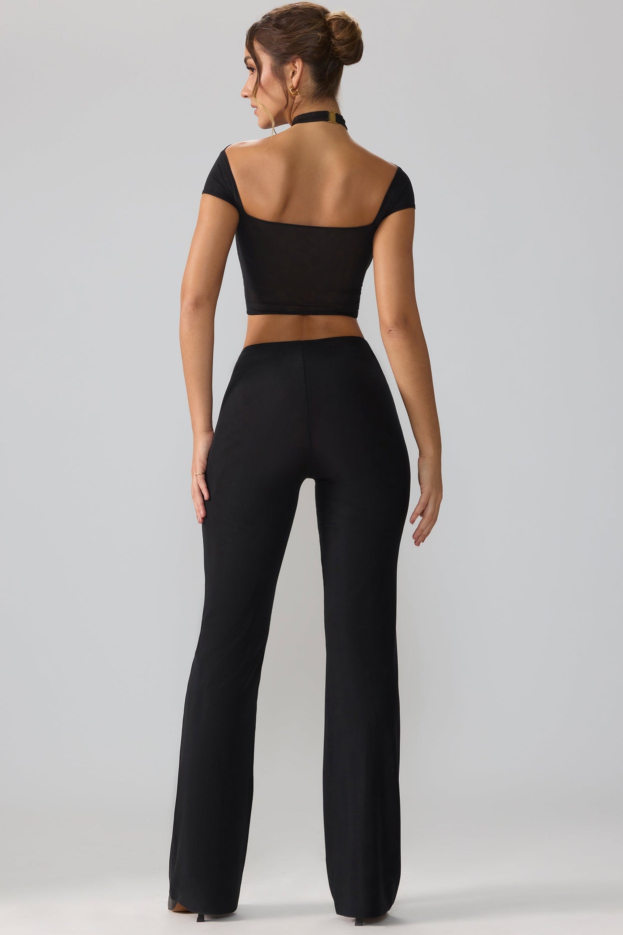 Women Black Twisted Bell Bottom Pants With Twisted Crop Top