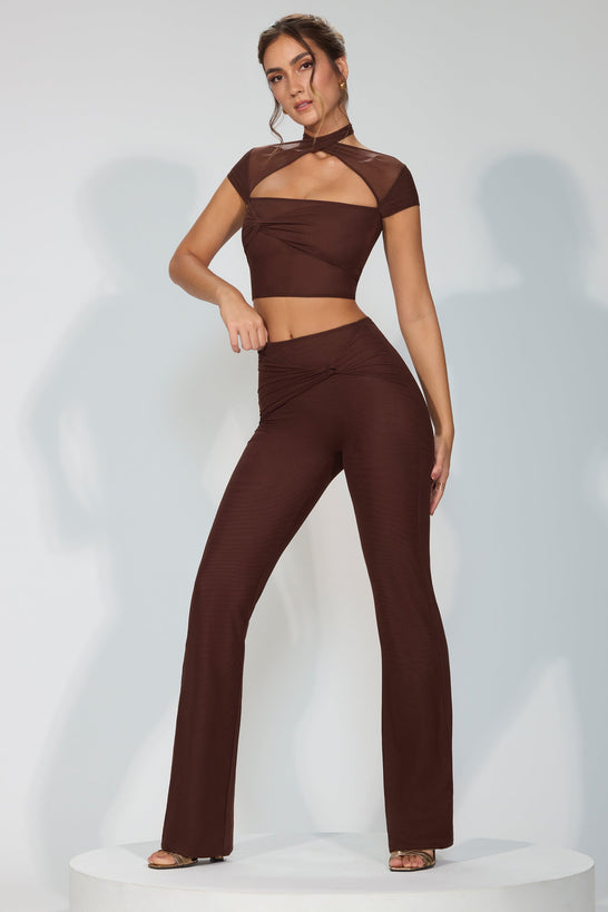 Petite Mesh Mid Rise Twist Overlay Flare Trousers in Espresso