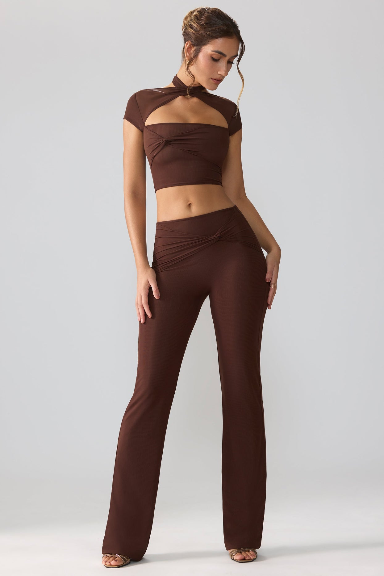 Petite Mesh Mid Rise Twist Overlay Flare Trousers in Espresso