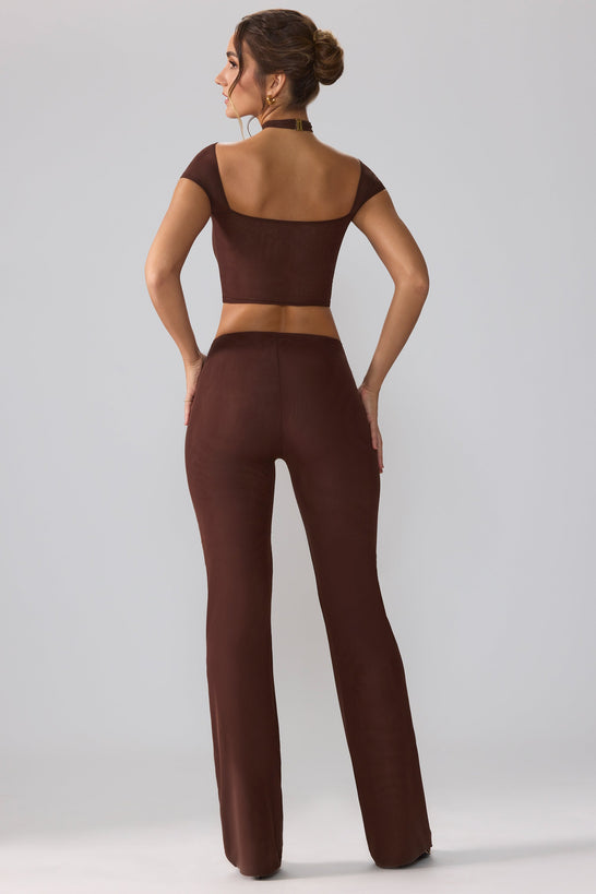 Petite Mesh Mid Rise Twist Overlay Flare Trousers in Espresso