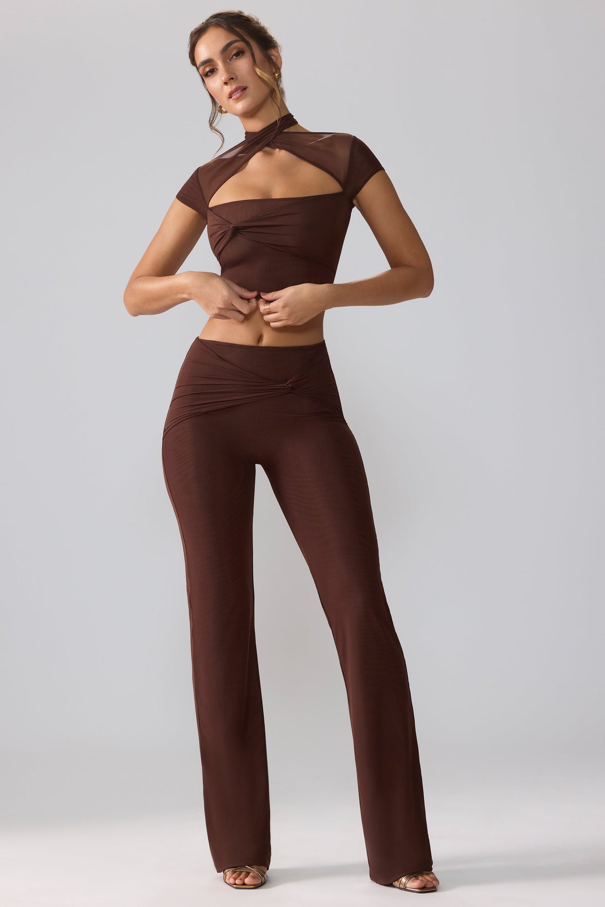 Petite Mesh Mid Rise Twist Overlay Flare Trousers in Espresso