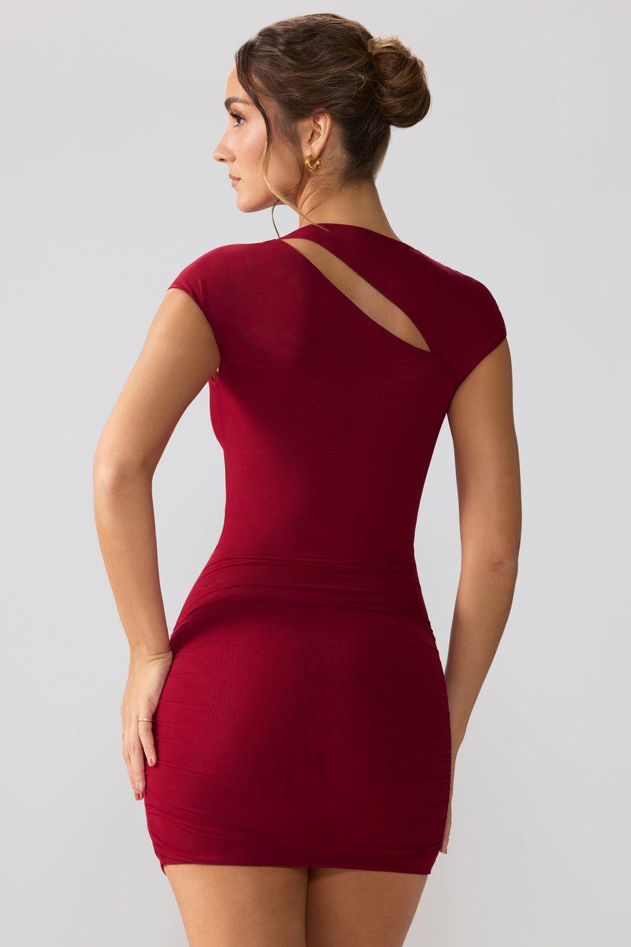 Mesh Cap Sleeve Cut Out Mini Dress in Ruby