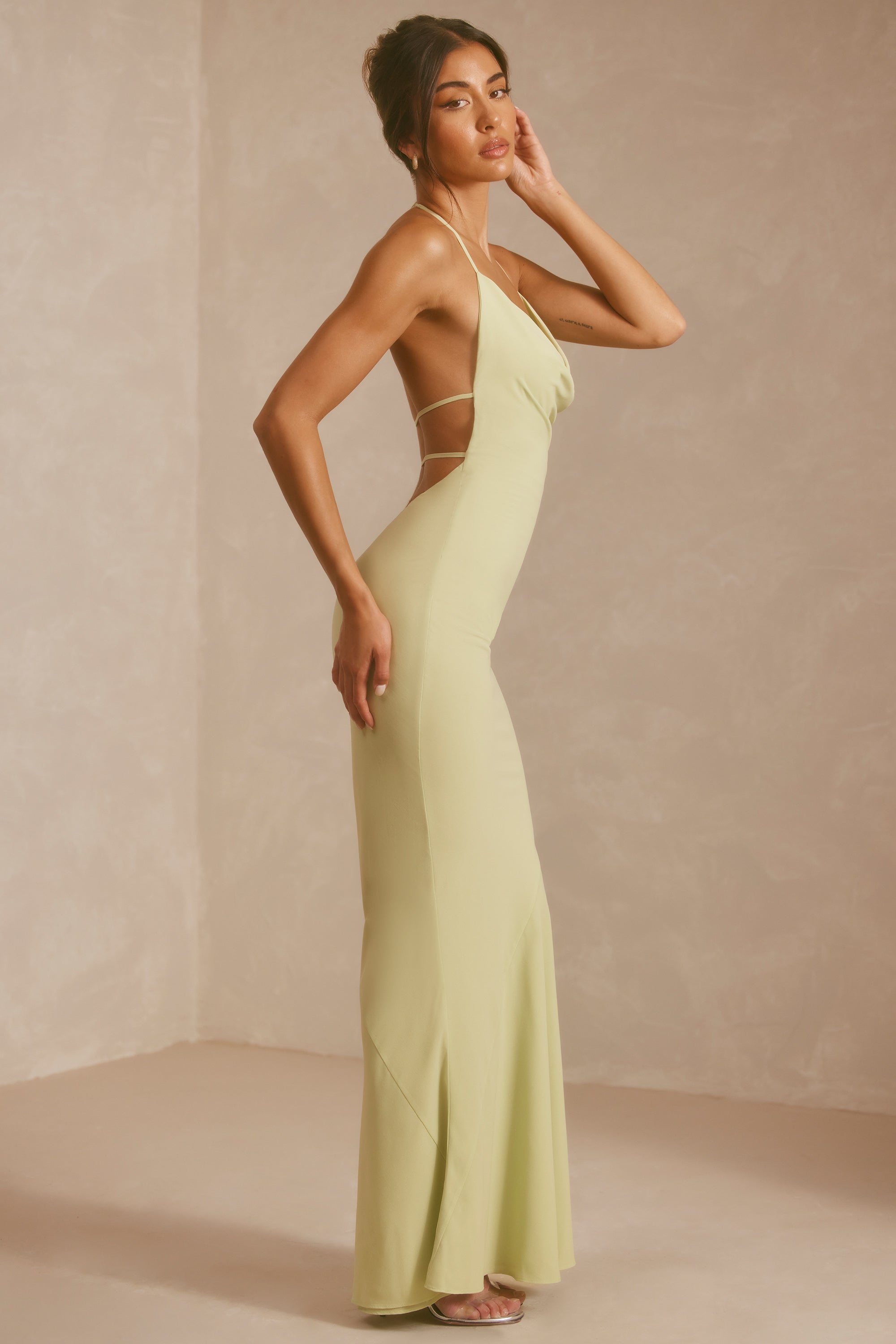 Dorota Georgette Cowl Neck Bias Cut Evening Gown in Pistachio Oh