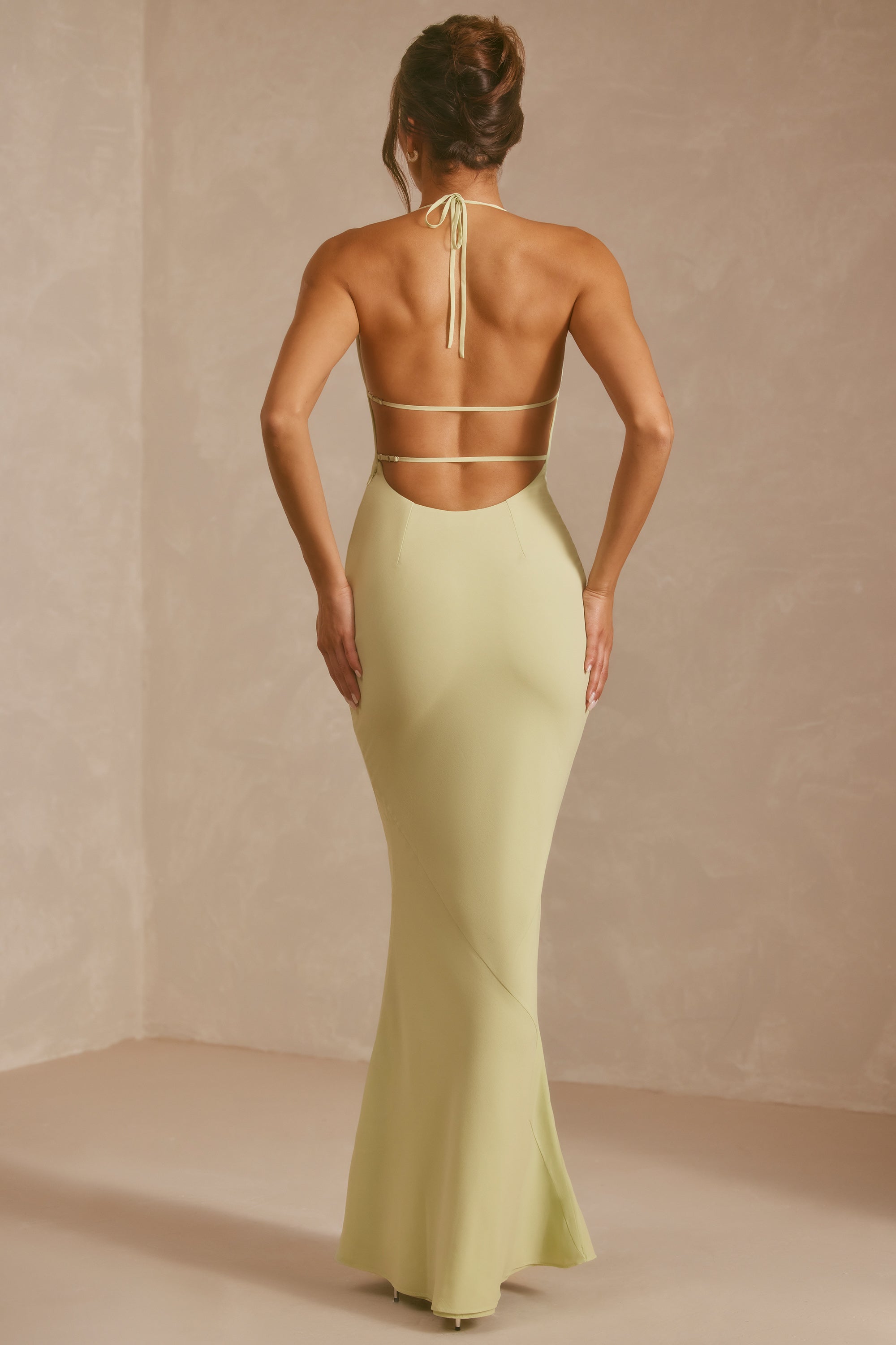 Dorota Georgette Cowl Neck Bias Cut Evening Gown in Pistachio Oh