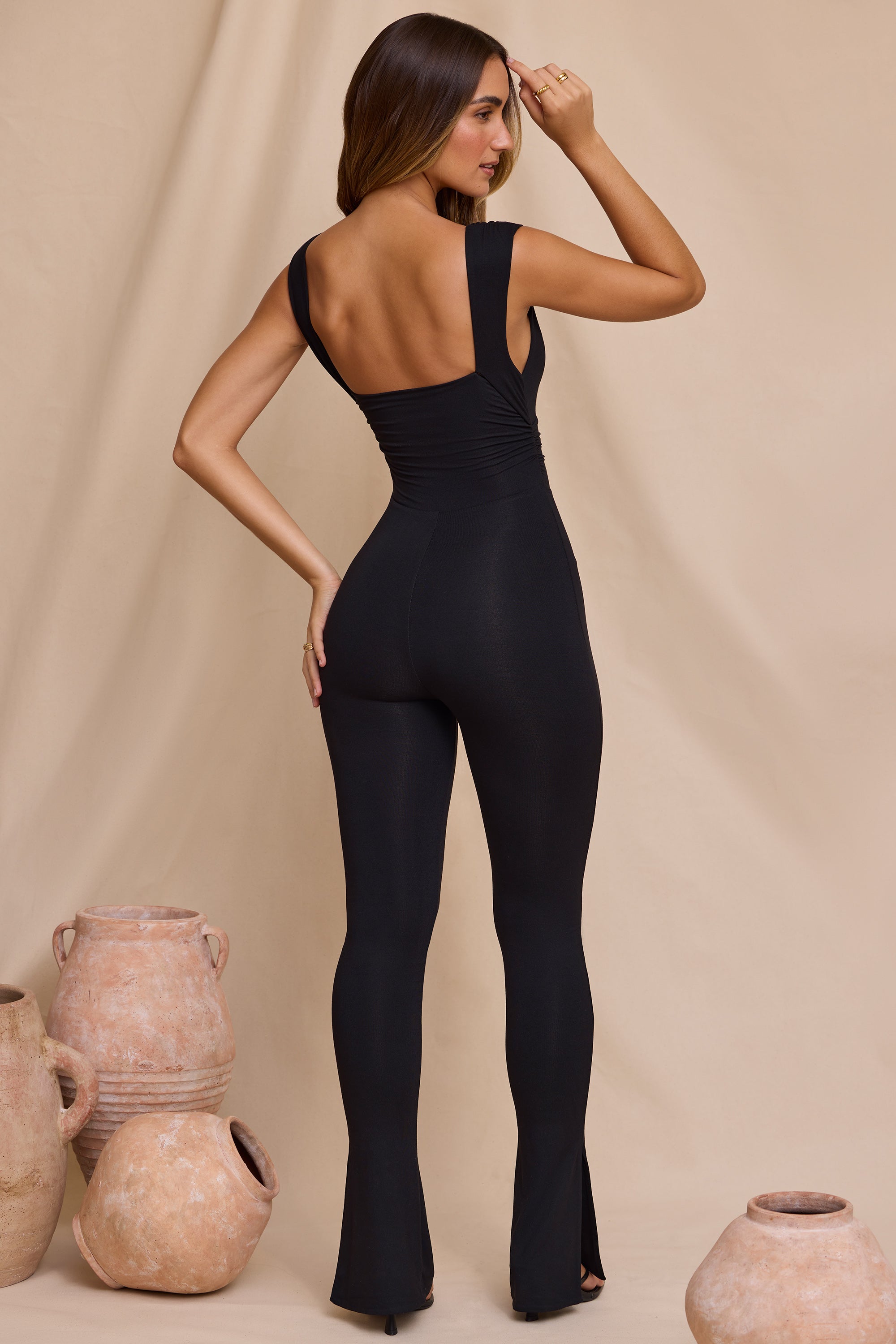 Petite Plunge Neck Ruched Waist Jumpsuit in Black