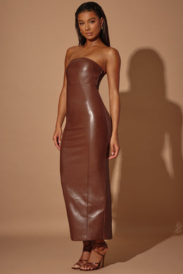 Strapless Vegan Leather Maxi Dress in Brown