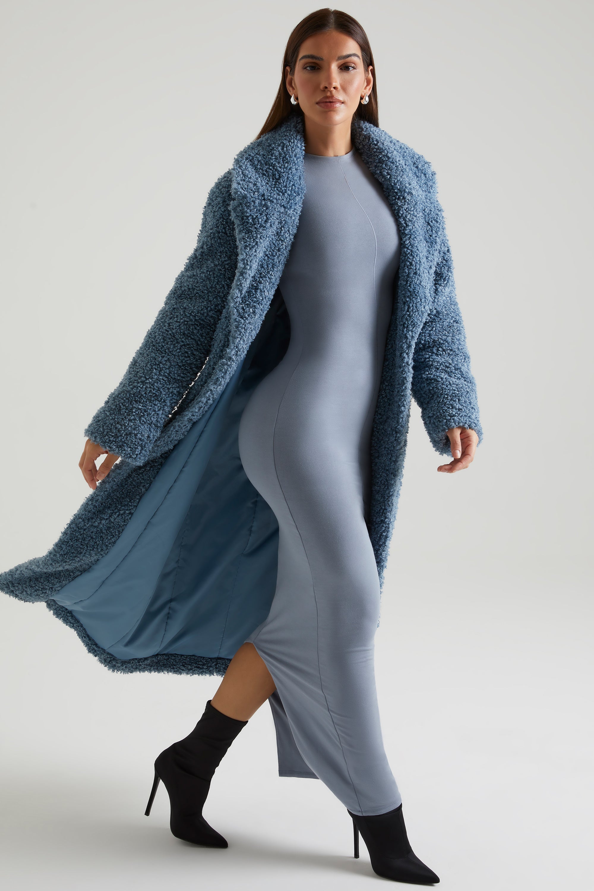 Blue shearling faux hotsell fur longline coat