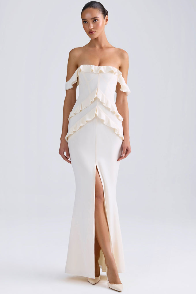 Off-Shoulder Ruffle-Trim Gown in Ivory