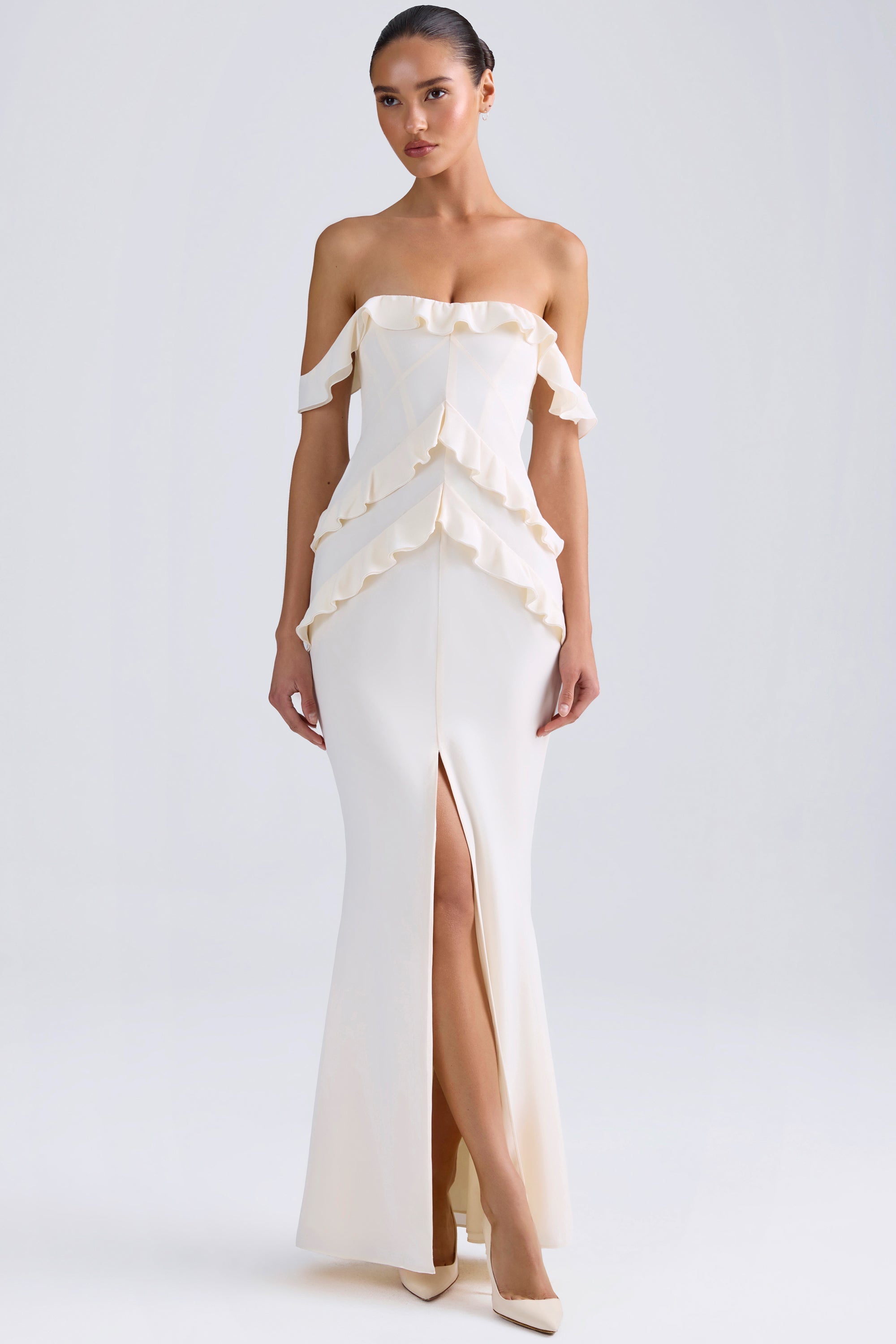 Off-Shoulder Ruffle-Trim Gown in Ivory