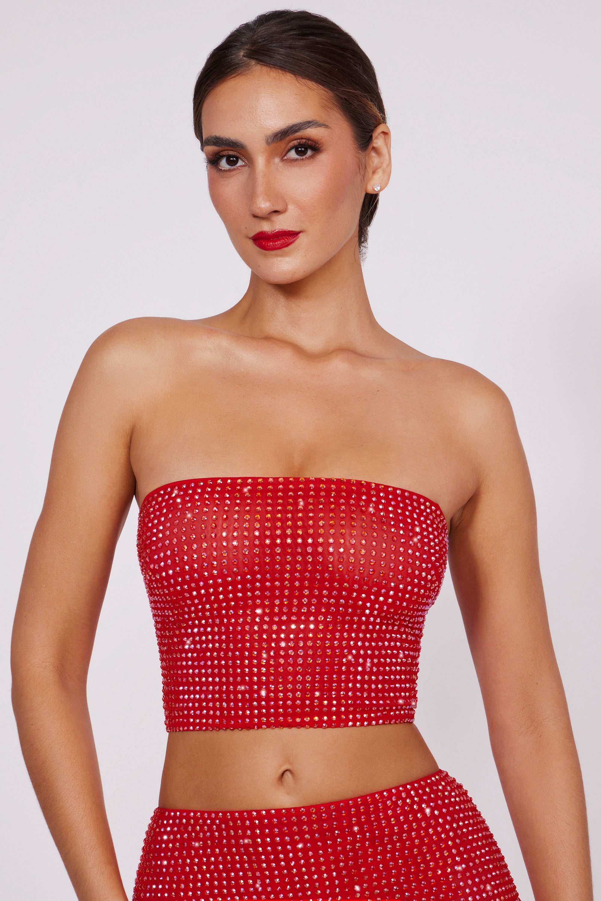 Embellished Strapless Crop Top in Fire Red