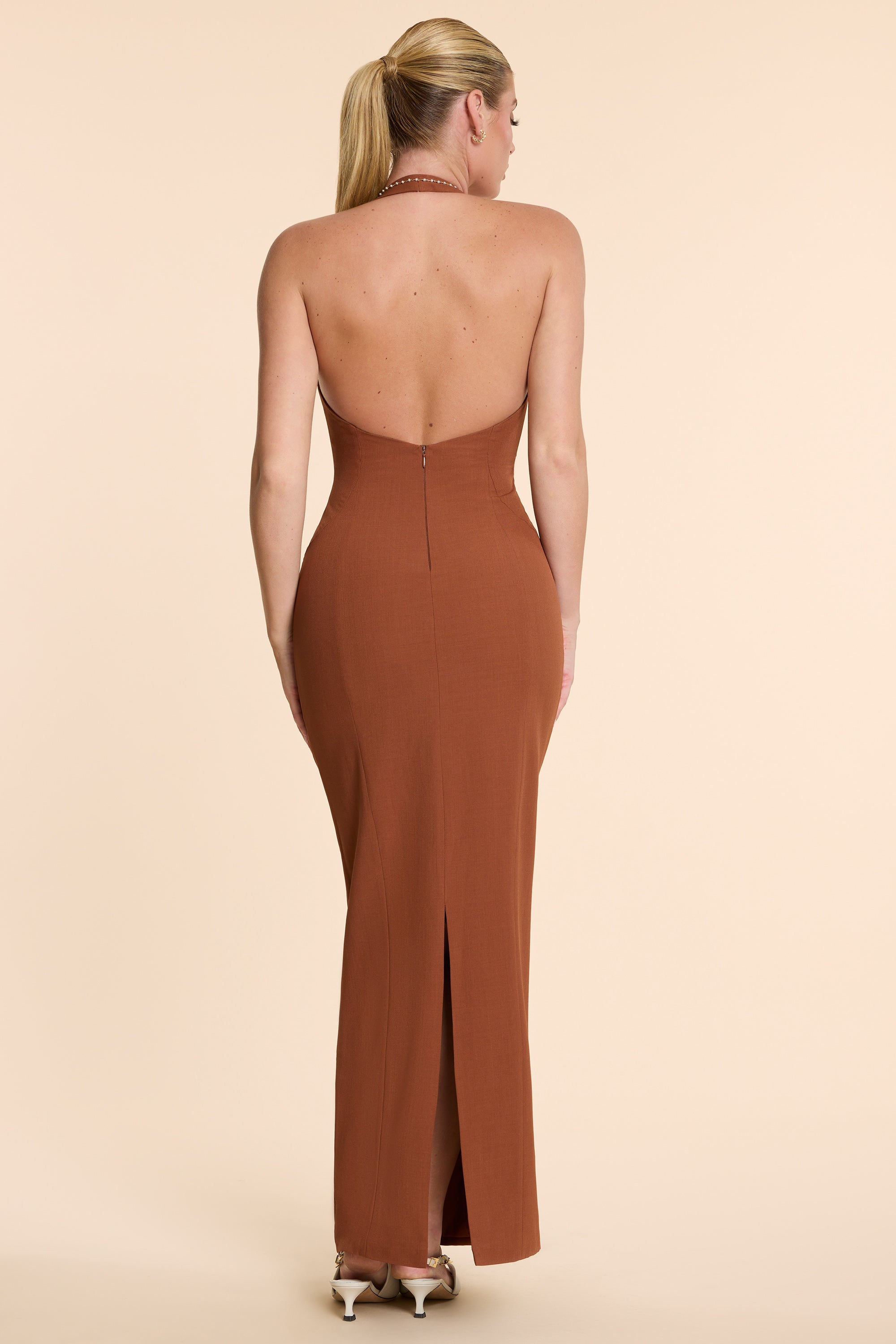 Woven Twill Halter Neck Plunge Maxi Dress in Chestnut Brown