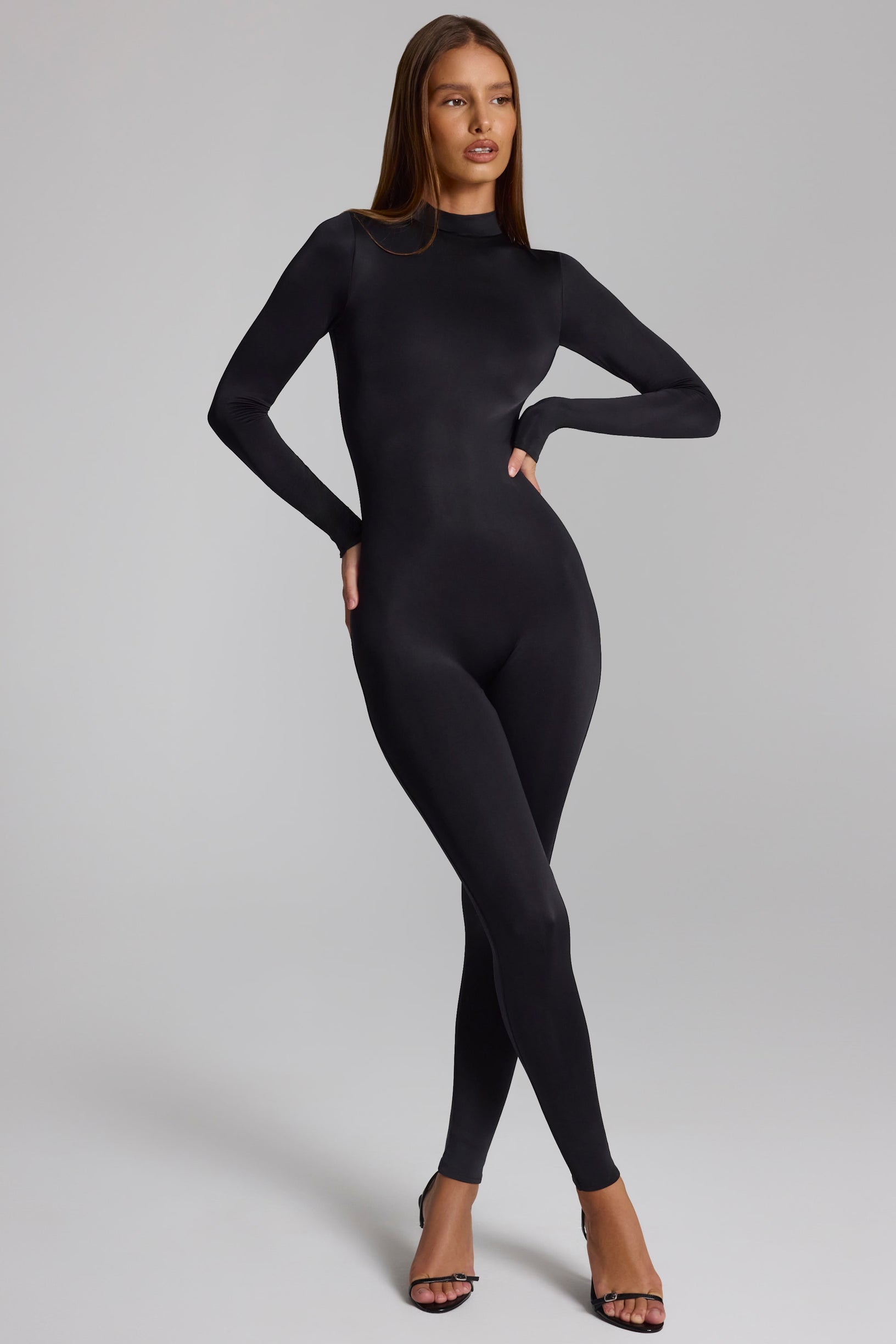 High Neck Long Sleeve Jumpsuit in Black - 1