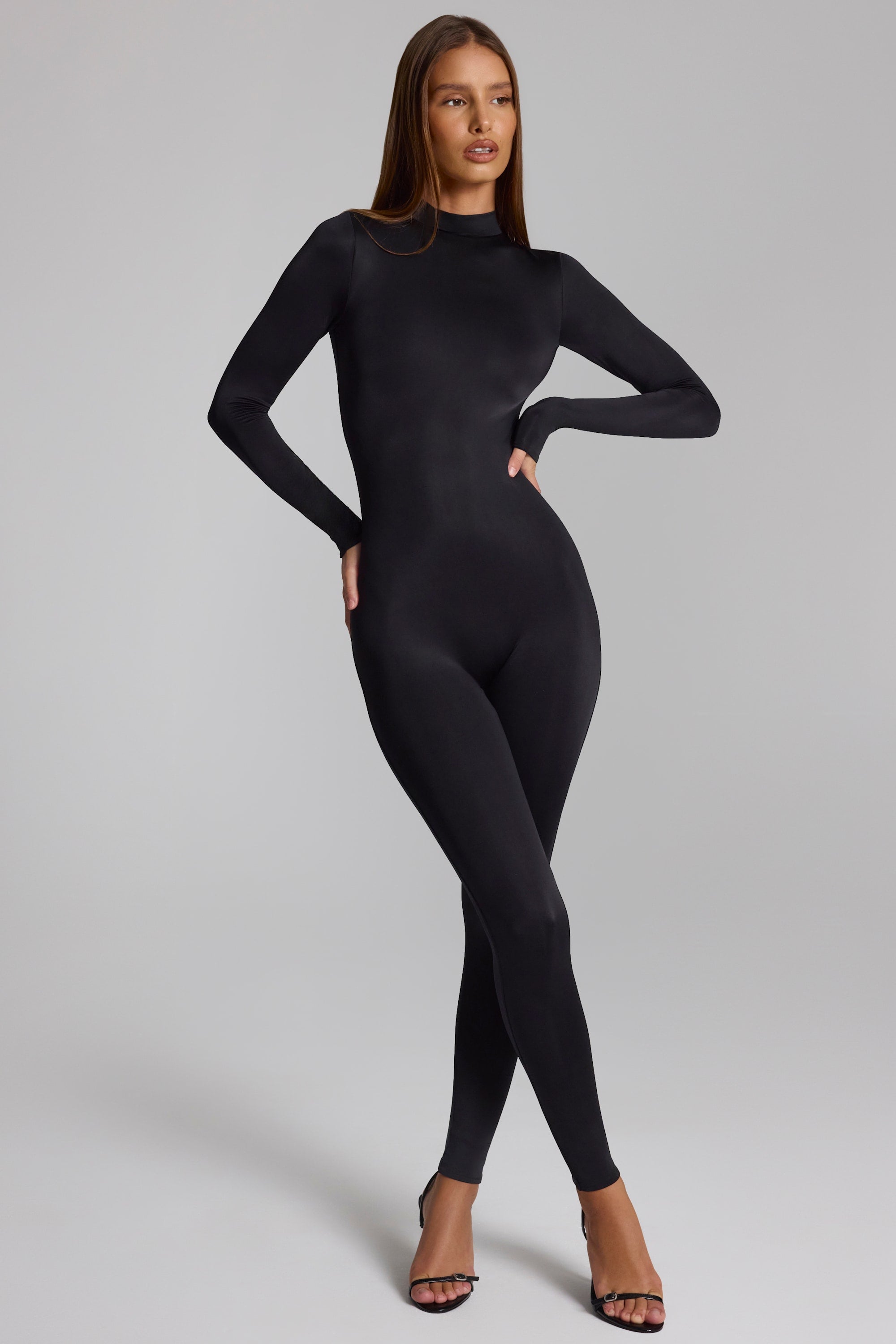 High Neck Long Sleeve Jumpsuit in Black - 1