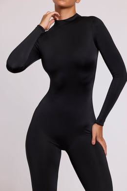 Petite High Neck Long Sleeve Jumpsuit in Black
