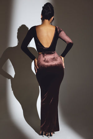 Velvet Long Sleeve Maxi Dress in Chocolate Brown