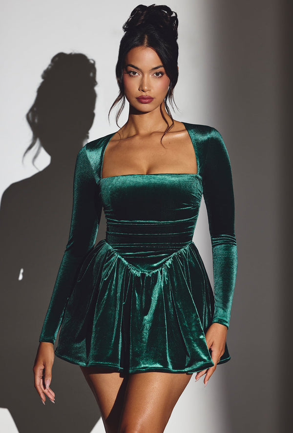 Velvet Long Sleeve Corset Mini Dress in Emerald Green - 1