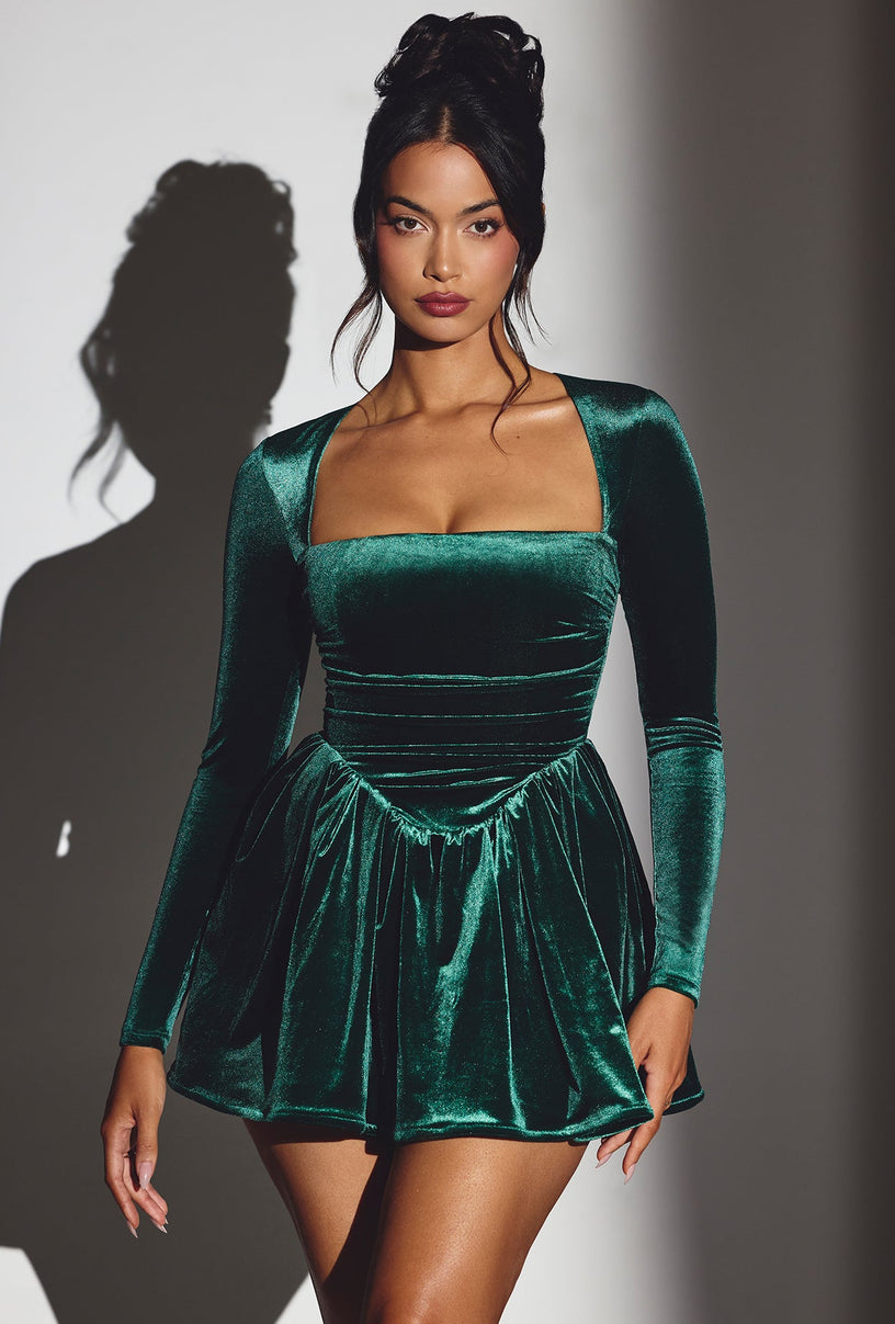 Velvet Long Sleeve Corset Mini Dress in Emerald Green - 1