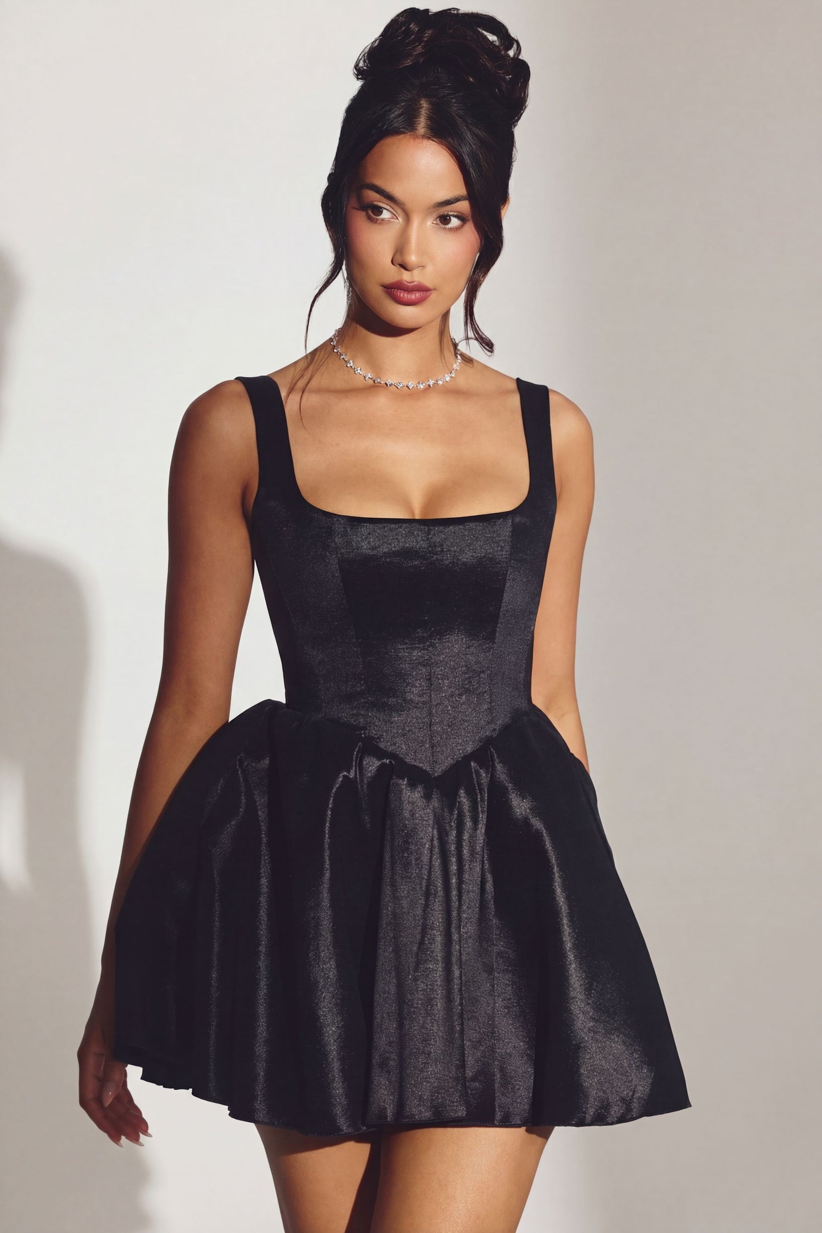 Woven Taffeta Corset Mini Dress in Jet Black - 1