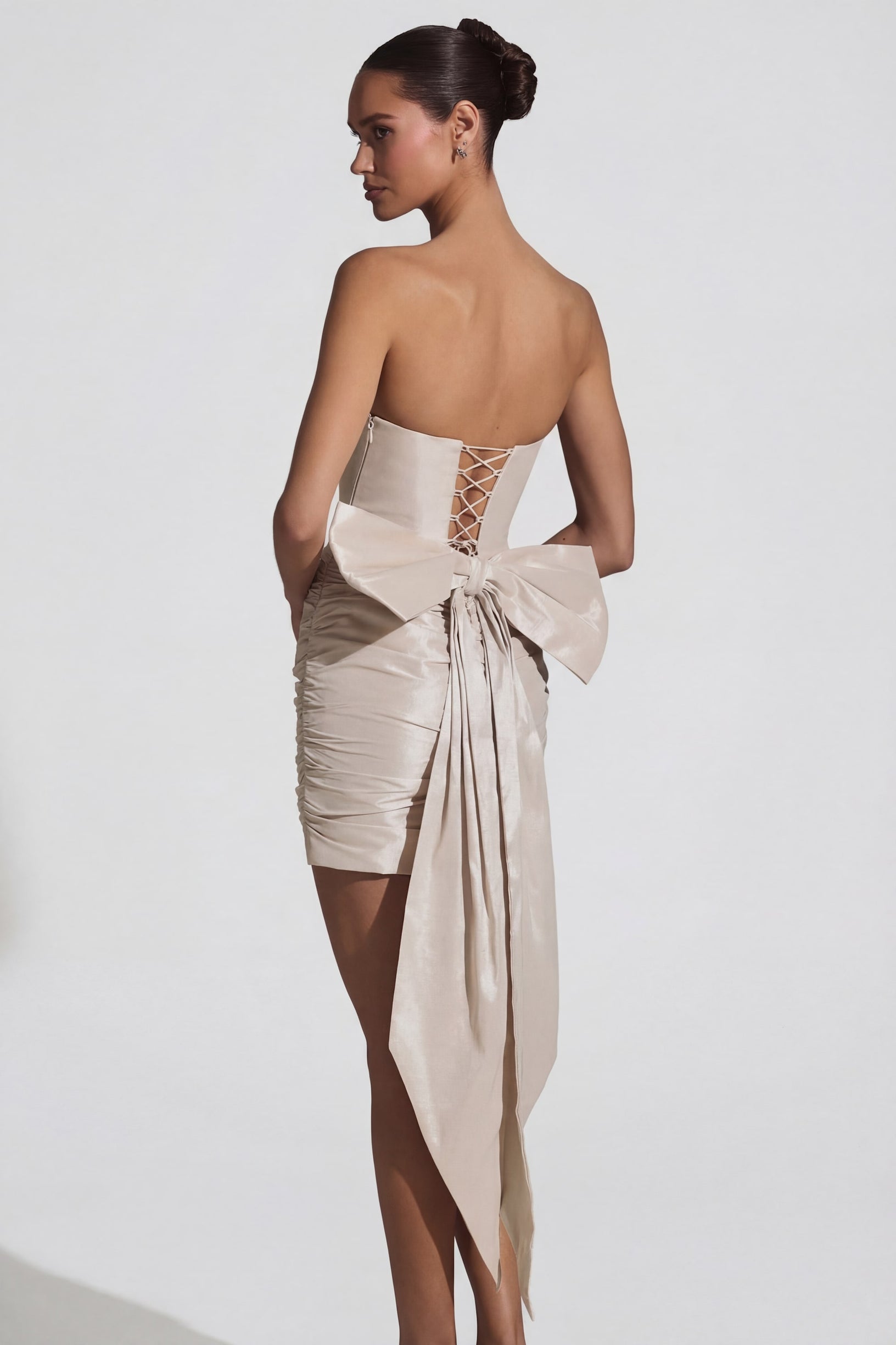 Satin Bow-Detail Strapless Mini Dress in Ivory - 2