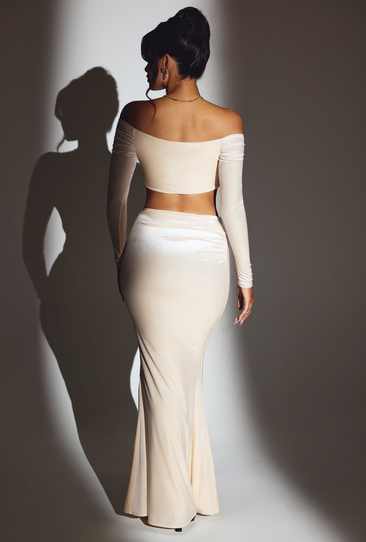 Velvet Off-Shoulder Ruched Crop Top in Ivory - 2