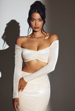 Velvet Off-Shoulder Ruched Crop Top in Ivory