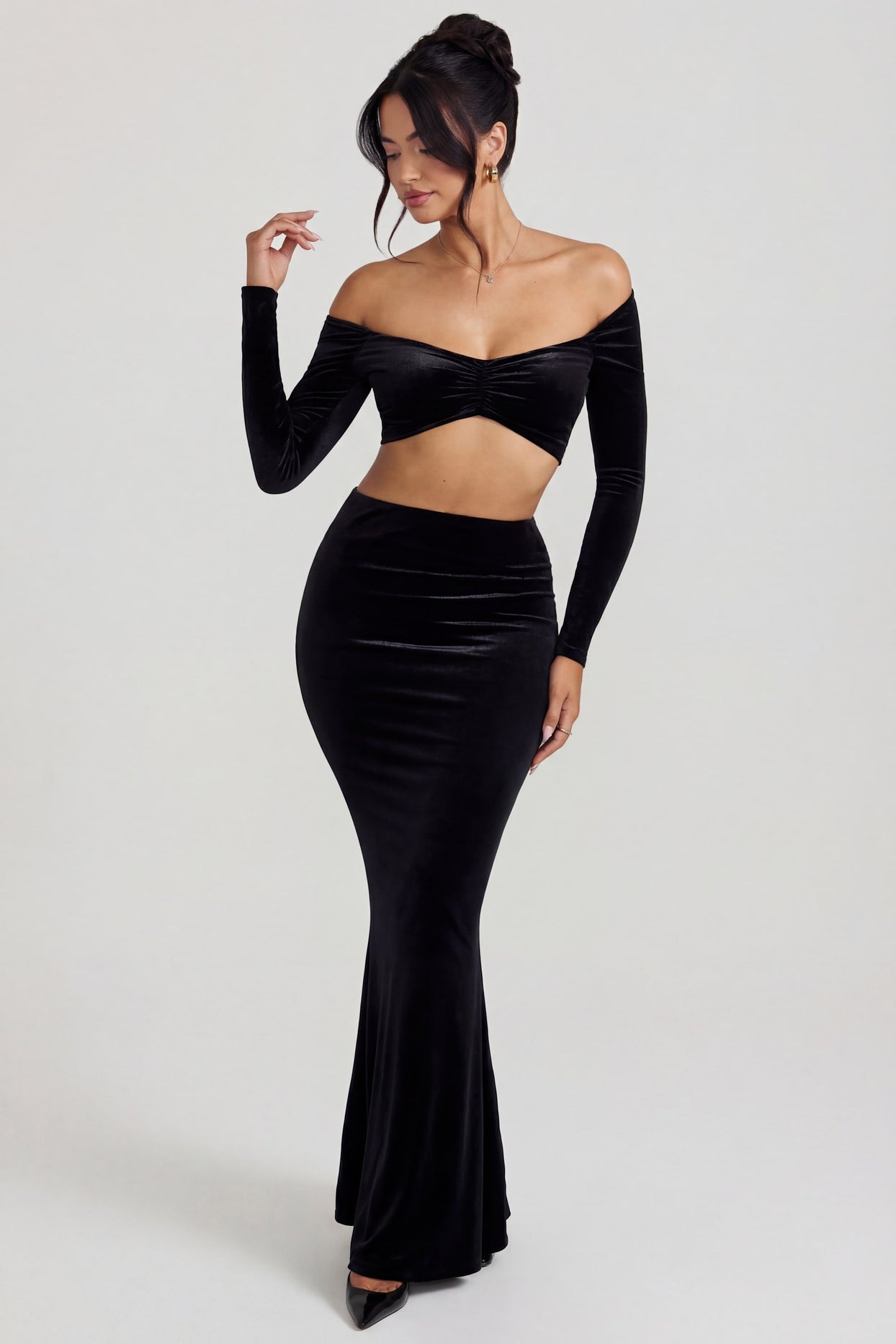 Velvet Mid-Rise Maxi Skirt in Jet Black - 5