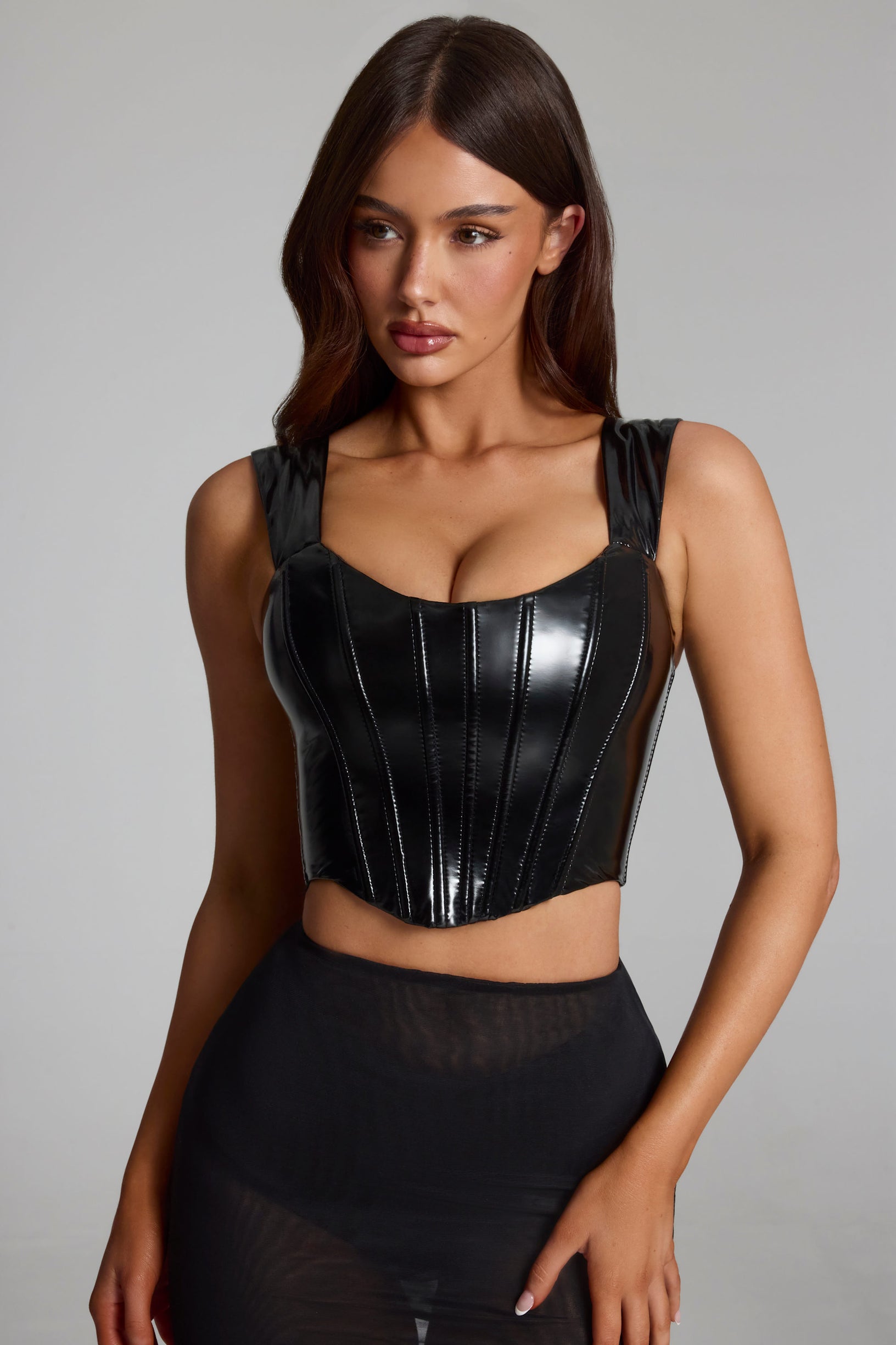 Vinyl Lace-Up Corset Top in Black - 1