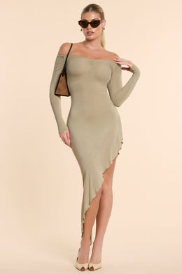 Long Sleeve Off-The-Shoulder Modal Cashmere Blend Maxi Dress in Taupe