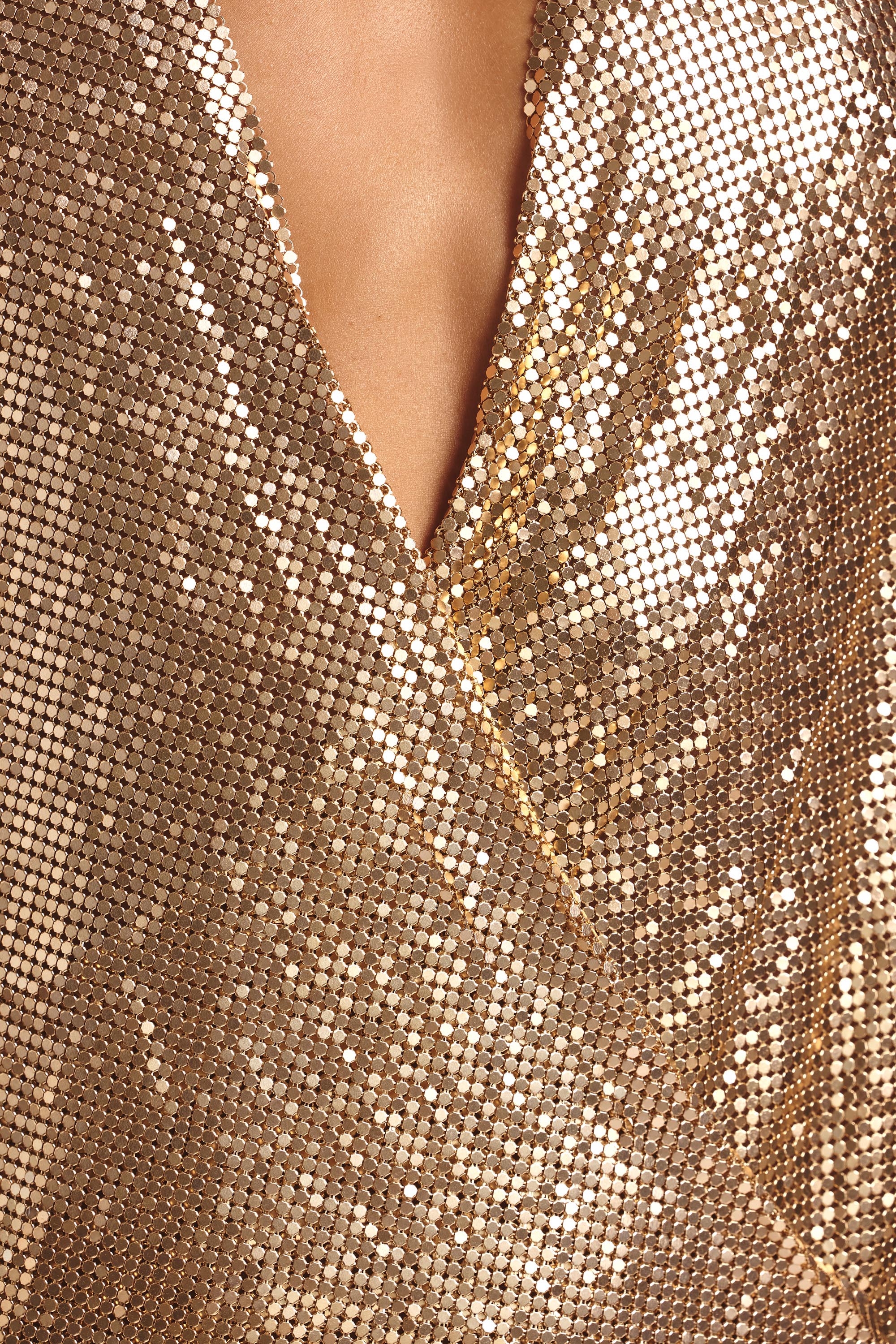 Zephrine Premium Chainmail Wrap Over Mini Dress in Gold Oh Polly