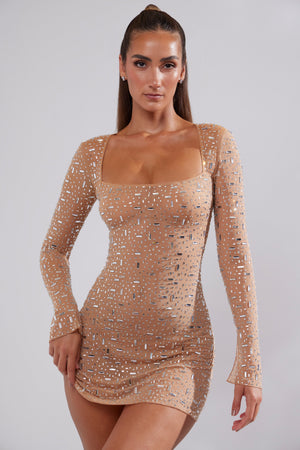 Zeta Sheer Embellished Long Sleeve A-Line Mini Dress in Almond