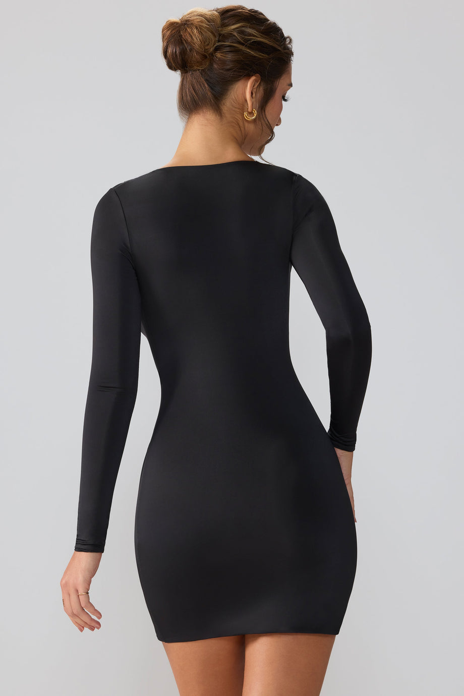 Slinky Jersey Long Sleeve Plunge Neck Mini Dress in Black