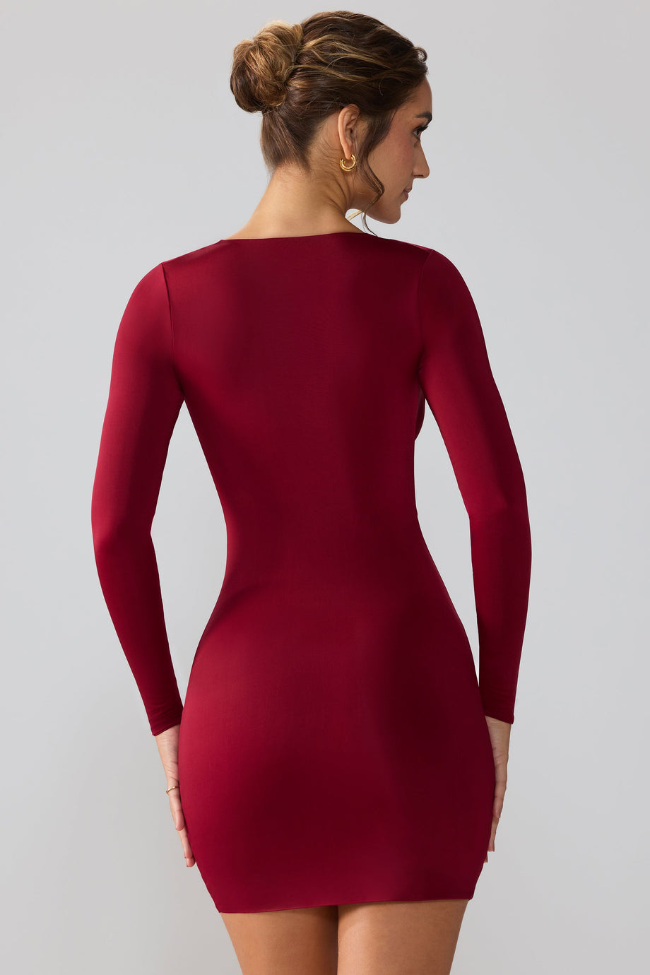 Slinky Jersey Long Sleeve Plunge Neck Mini Dress in Ruby