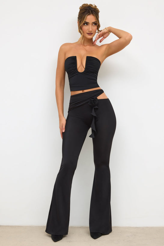 Premium Jersey Rose Detail Mid-Rise Flare Trousers in Black