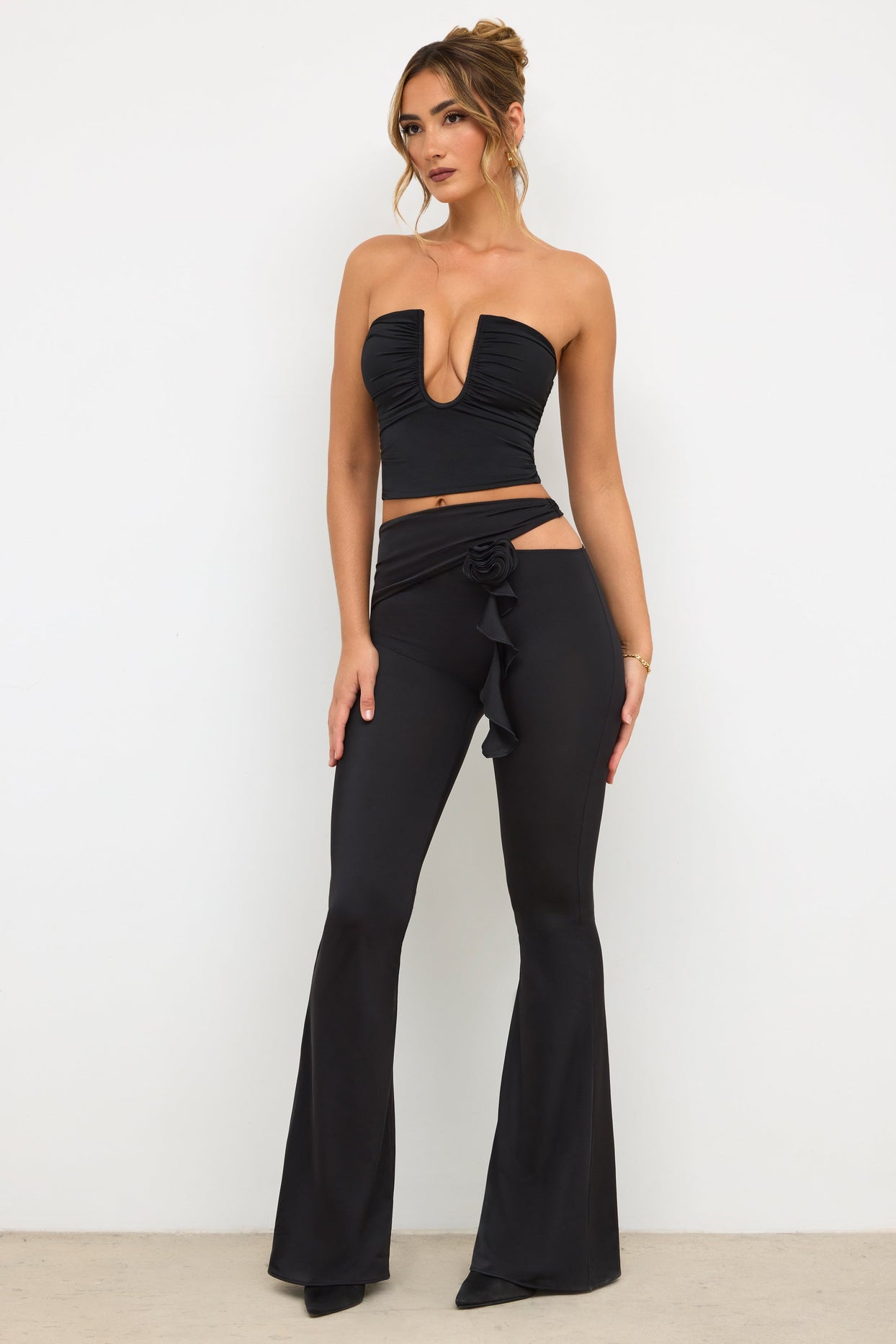 Angelika Premium Jersey Rose Detail Mid-Rise Flare Trousers in