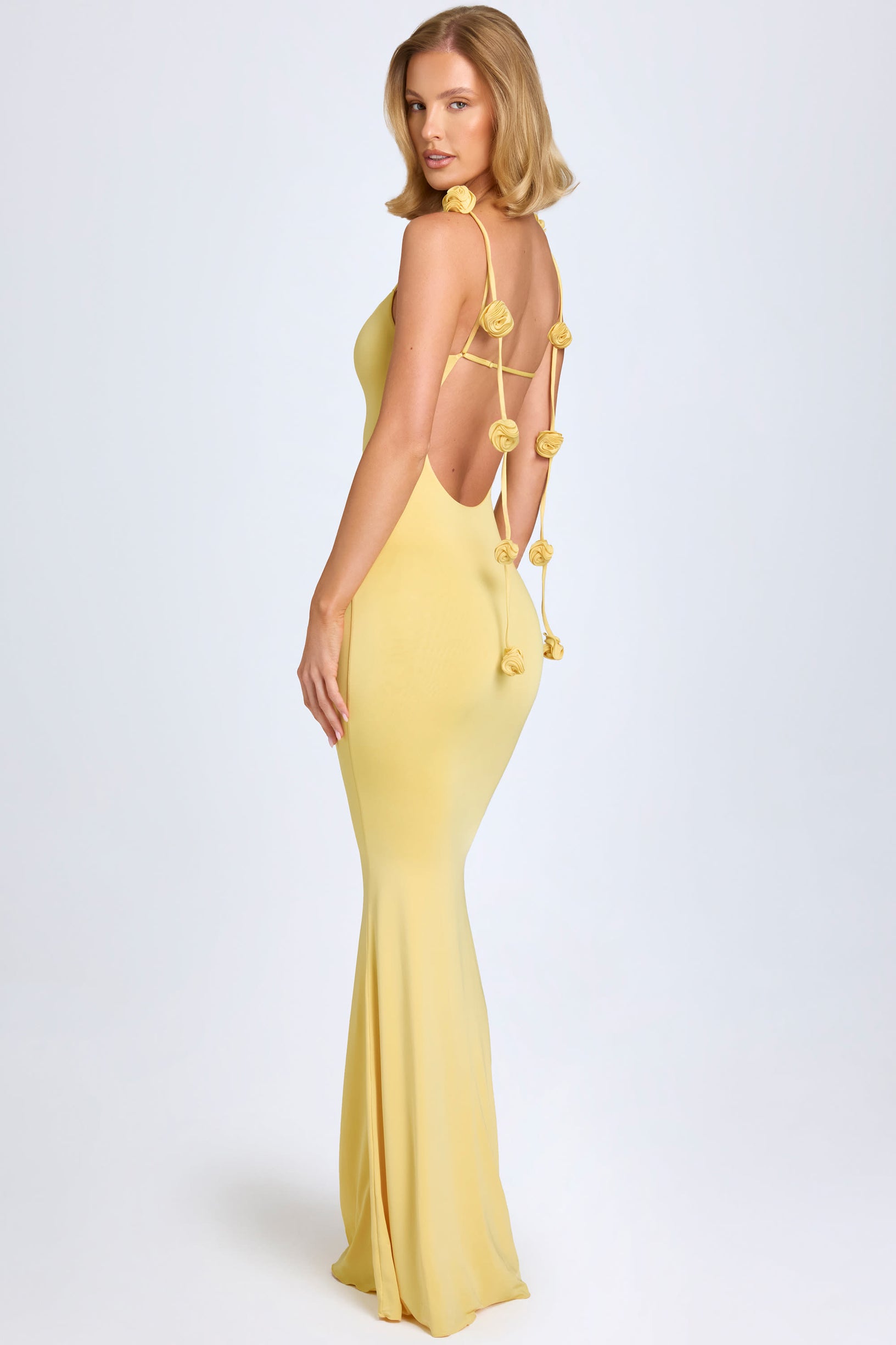 Slinky Jersey Floral-Appliqué Gown in Pastel Yellow - 1
