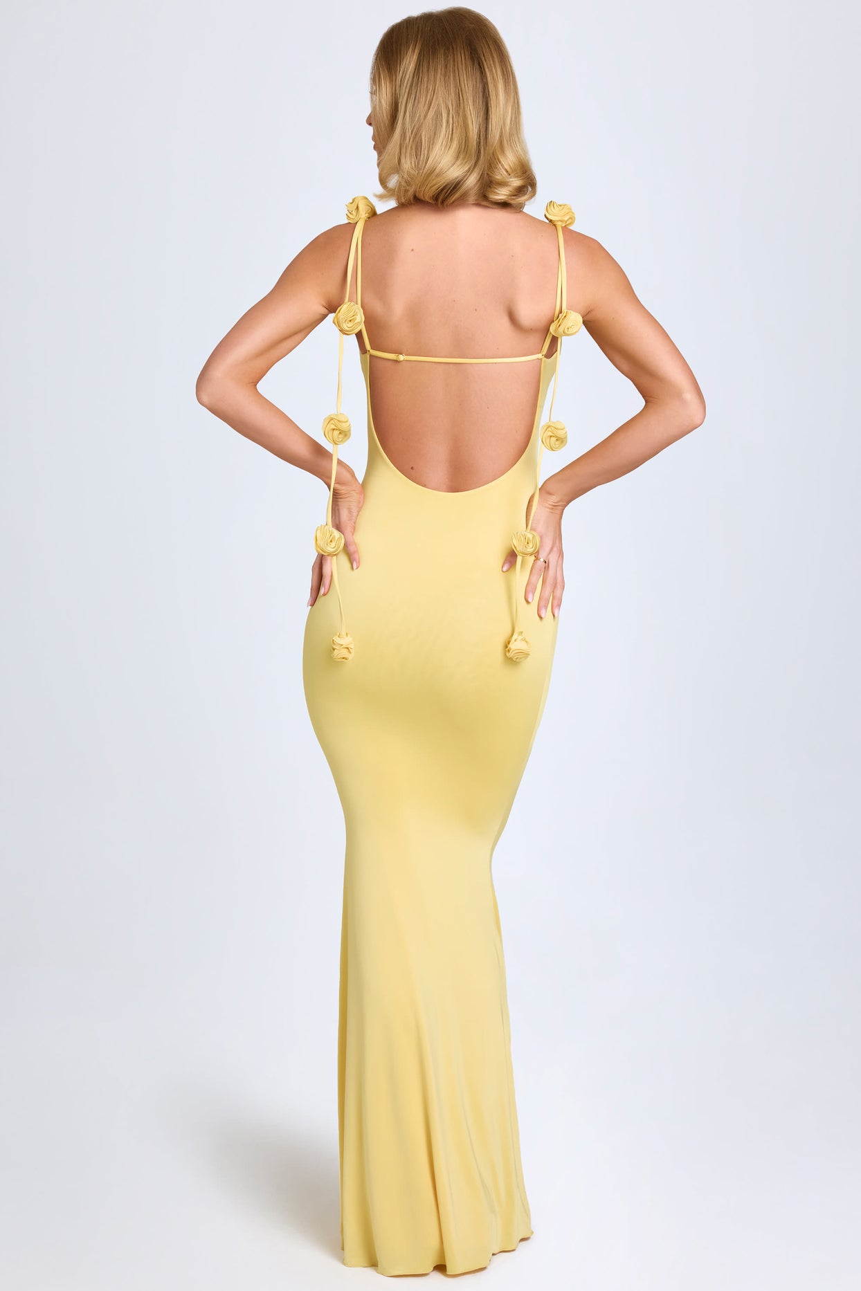 Slinky Jersey Floral-Appliqué Gown in Pastel Yellow - 6