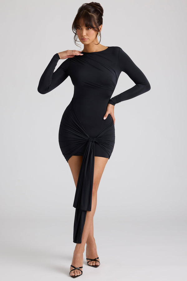 Long Sleeve Draped Mini Dress in Black - 1