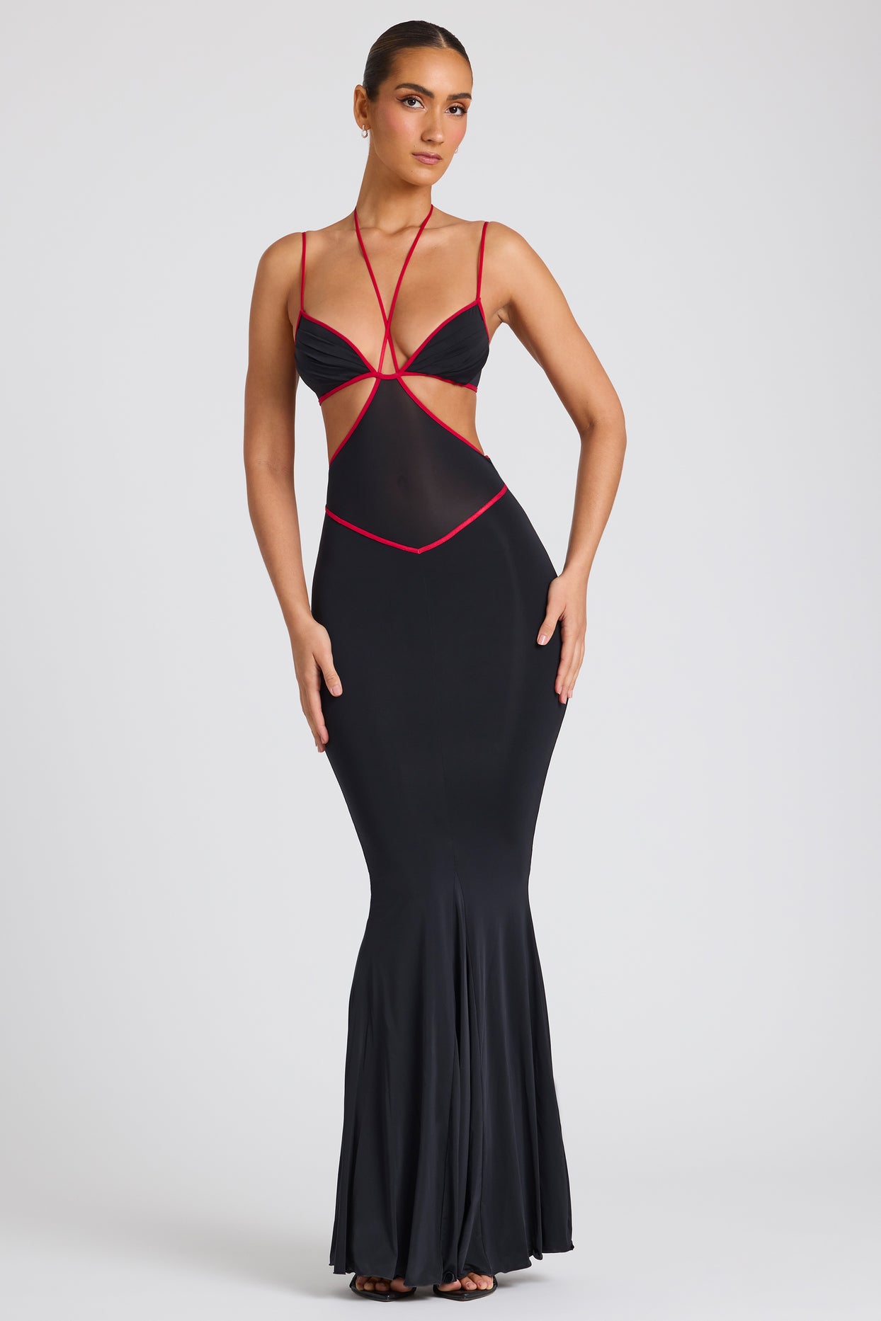 Contrast Stitch Cut Out Evening Gown in Black