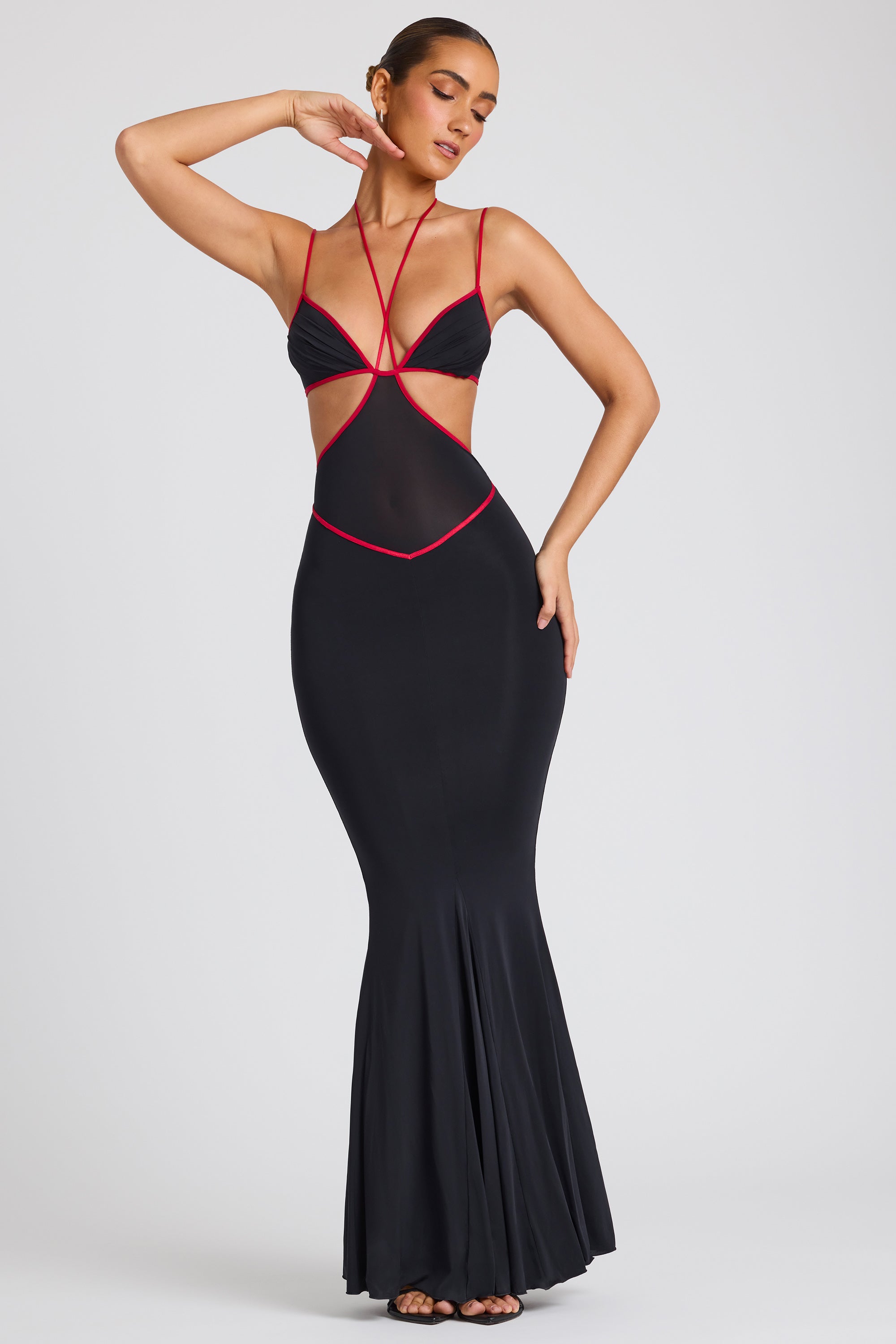 Contrast Stitch Cut Out Evening Gown in Black Oh Polly