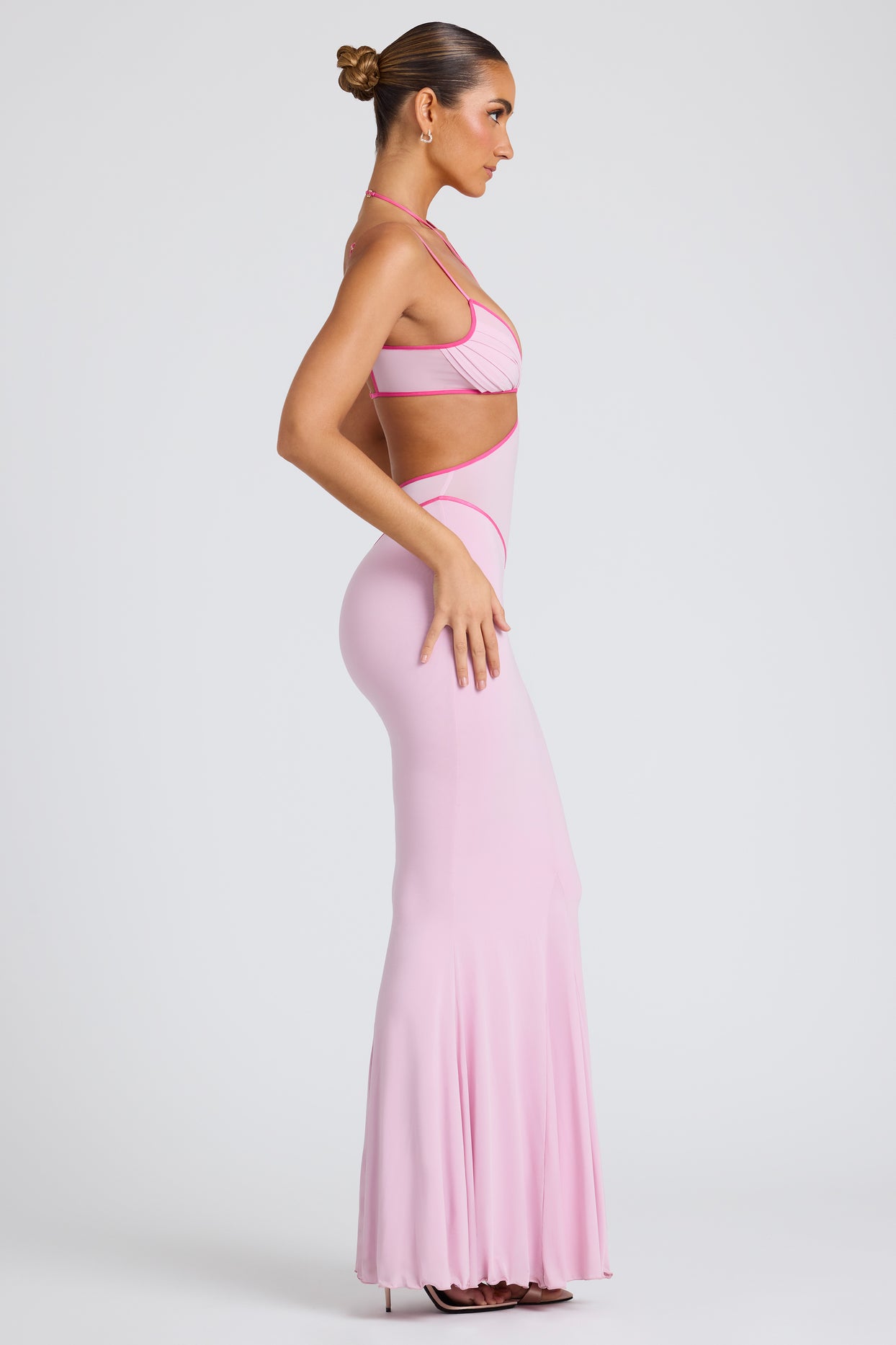 Contrast Stitch Cut Out Evening Gown in Soft Pink