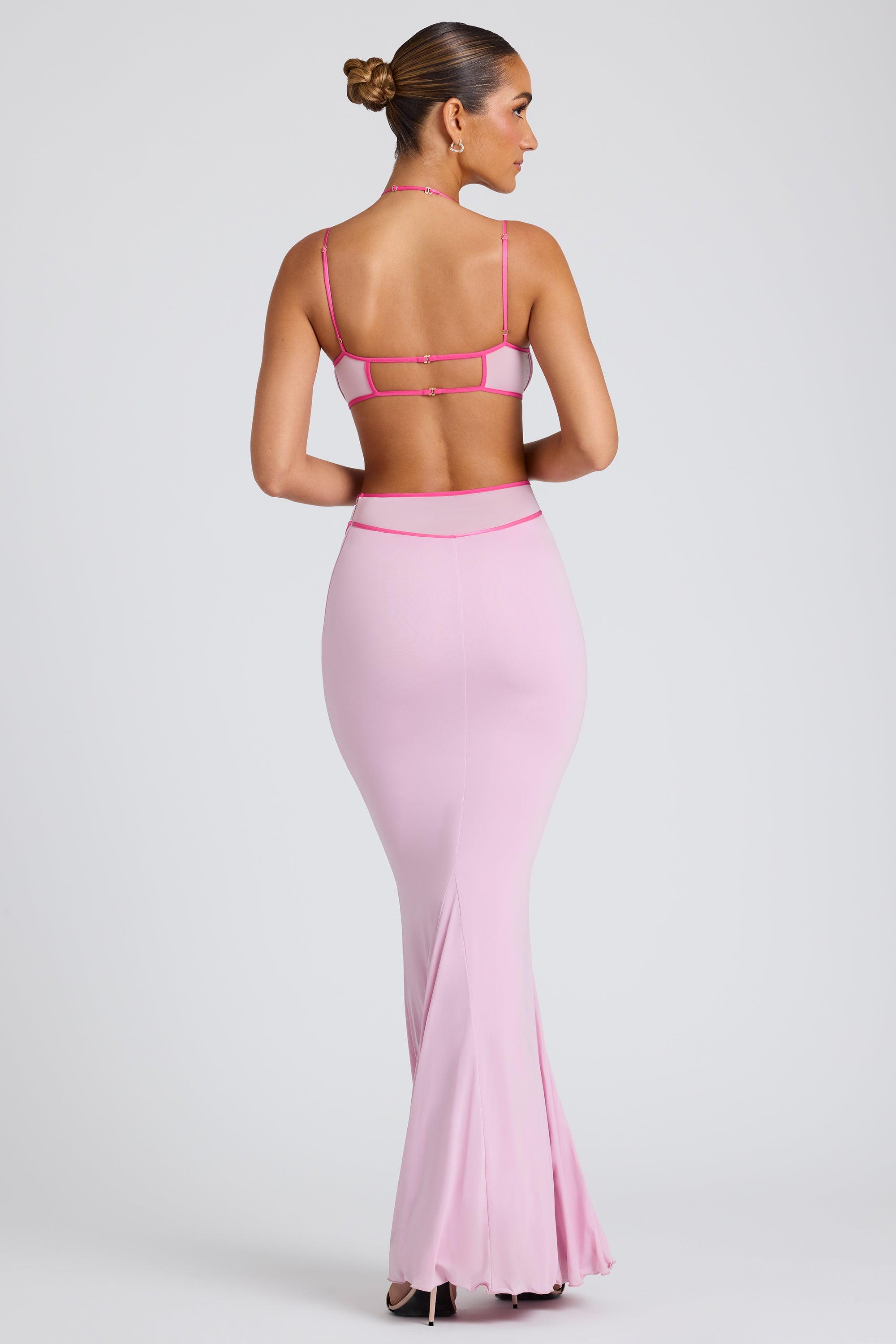 Contrast Stitch Cut Out Evening Gown in Soft Pink