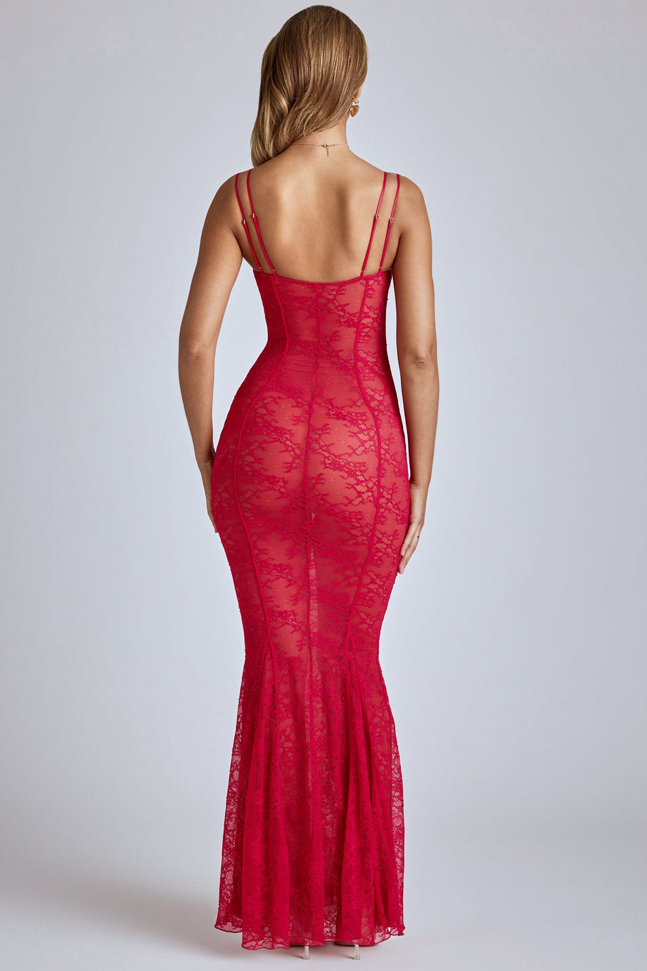 Sheer Lace Fishtail Gown in Cherry Red