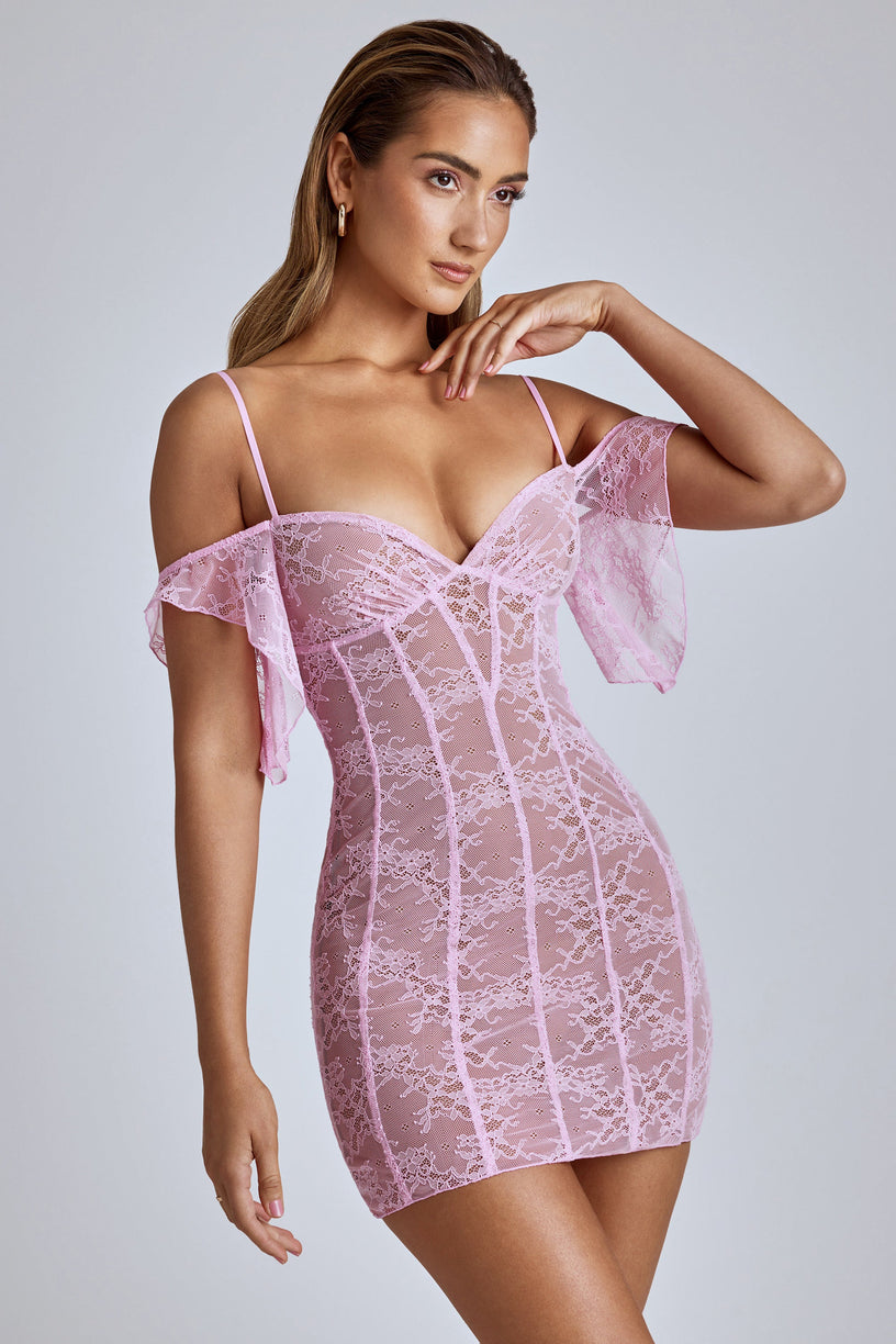 Sheer Lace A-Line Mini Dress in Baby Pink - 1