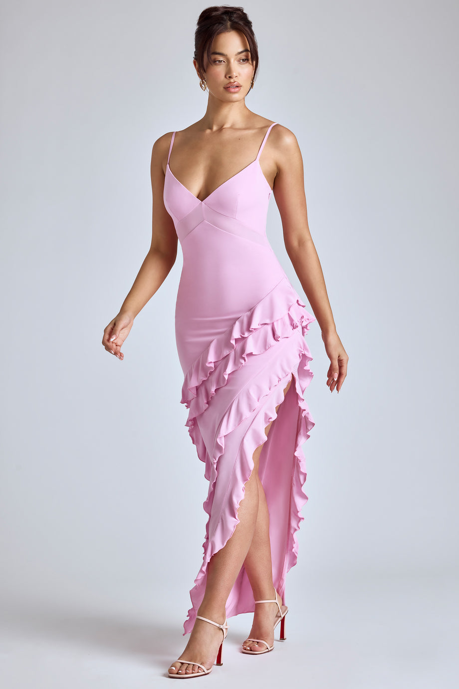 Panelled Ruffle Evening Gown in Baby Pink