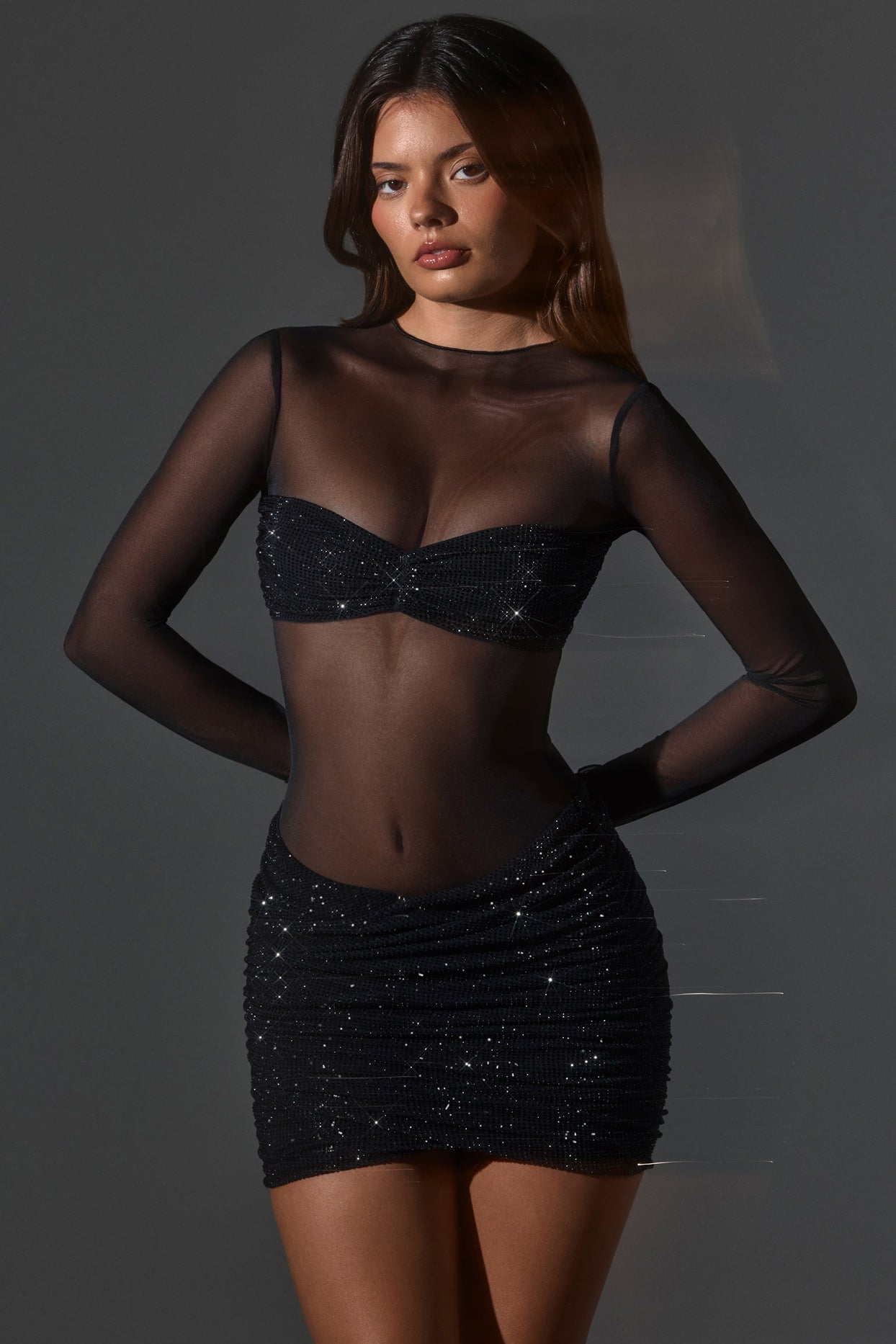 Sheer Embellished High-Neck Long Sleeve Mini Dress in Black - 7