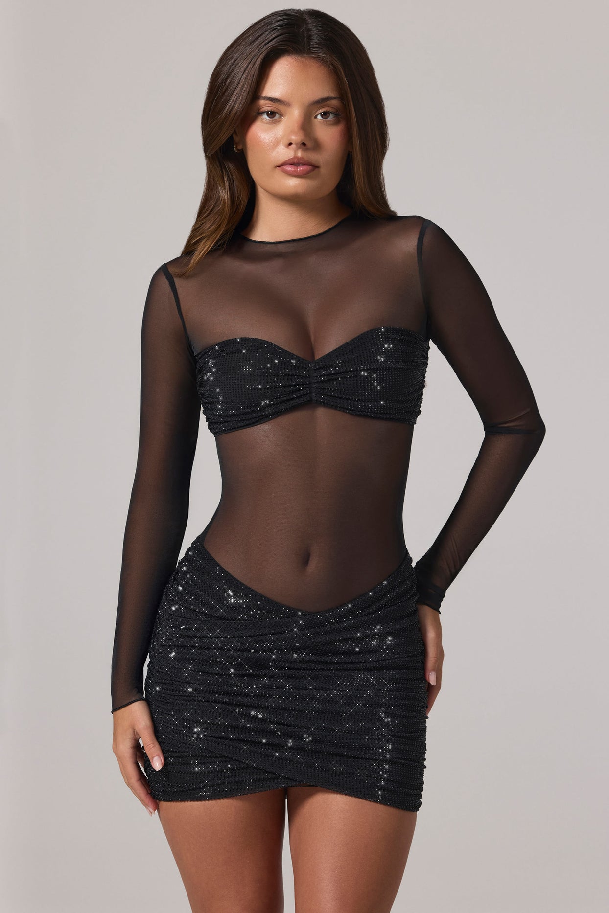 Sheer Embellished High-Neck Long Sleeve Mini Dress in Black - 6